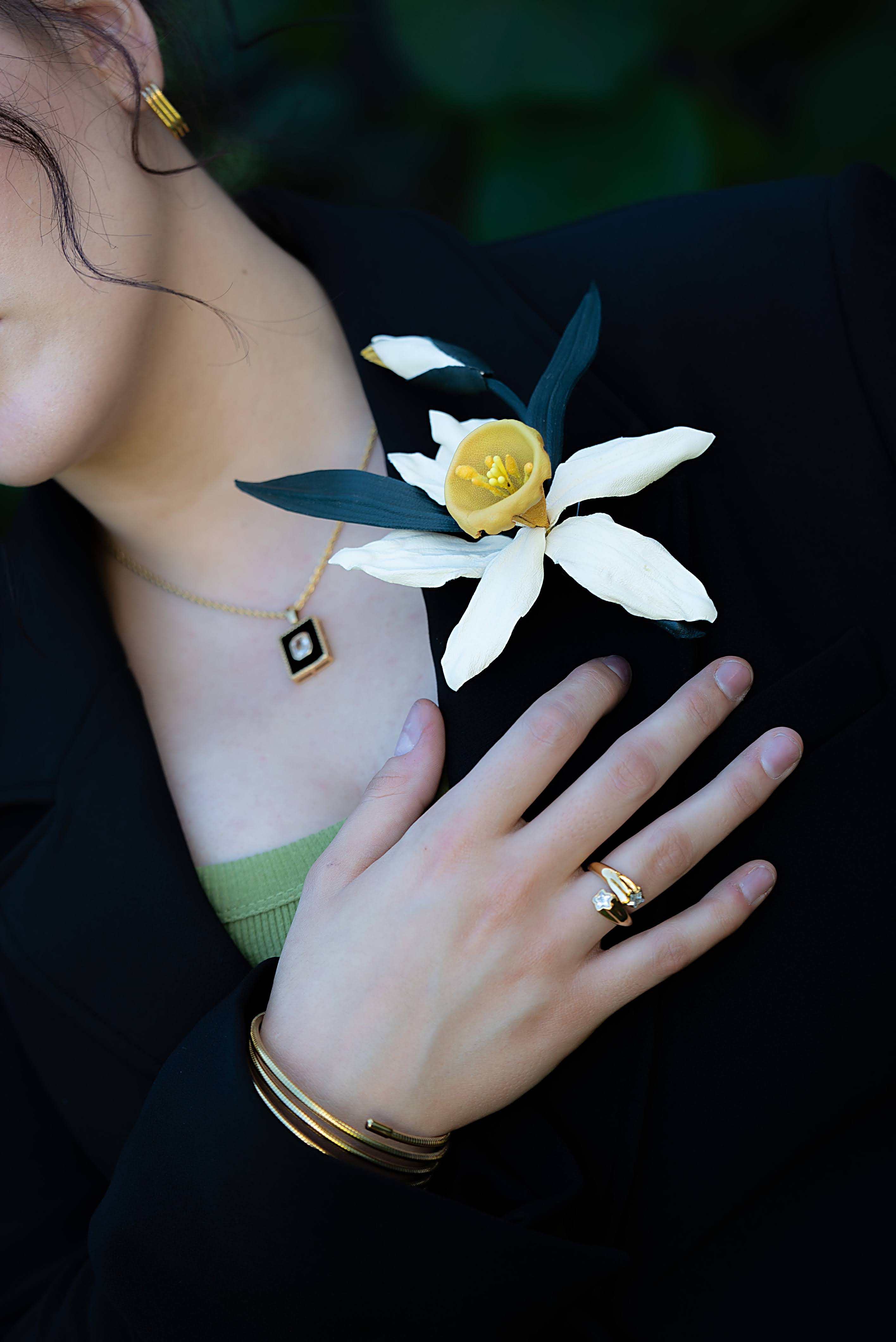 Leather Daffodil Brooch "Morning Glow"