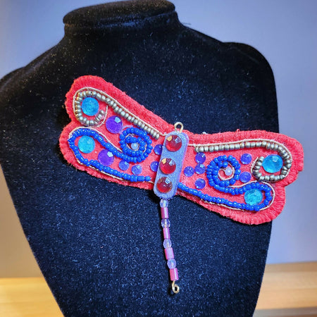 Red dragonfly with beaded tail brooch shawl pin