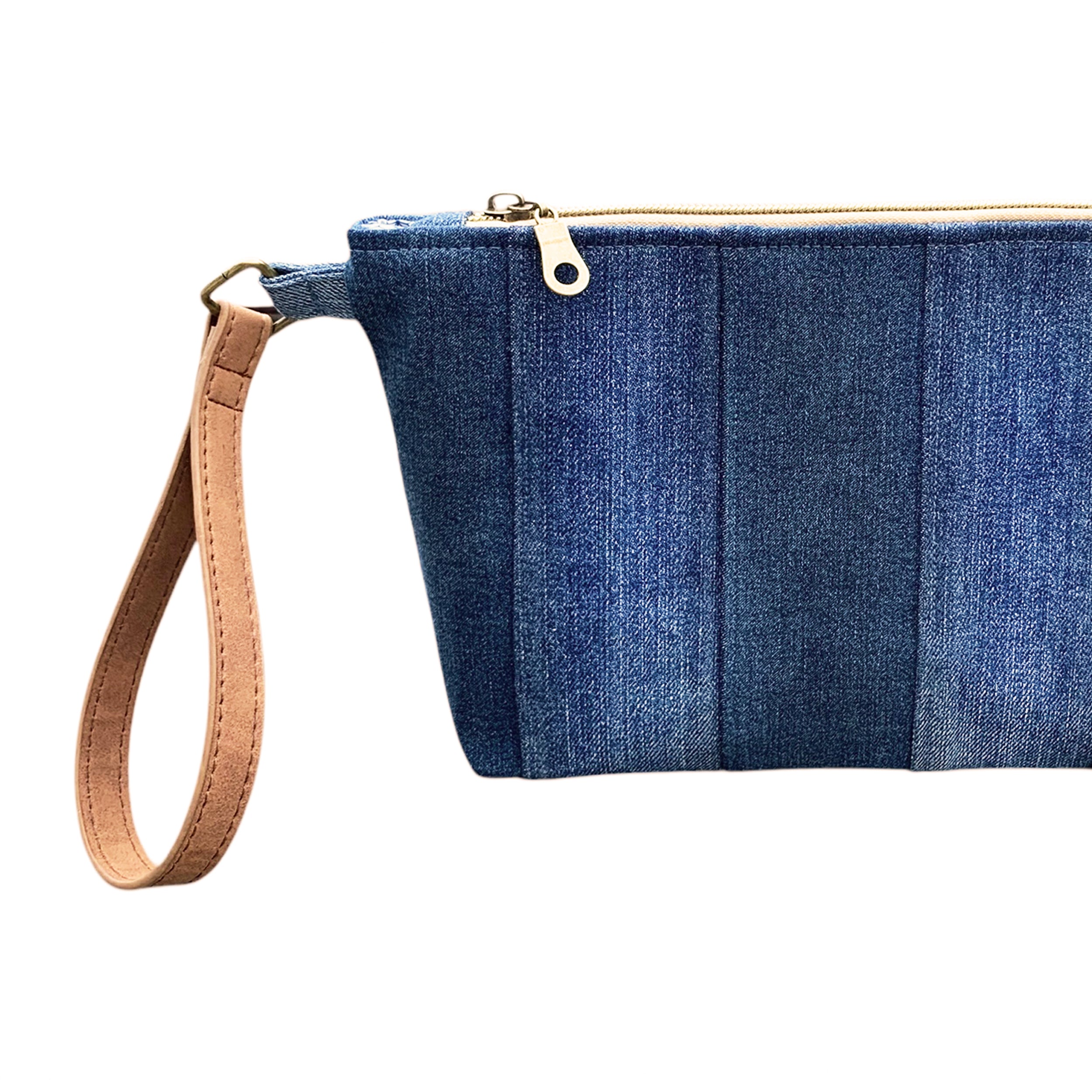 Handmade striped upcycled denim wristlet clutch