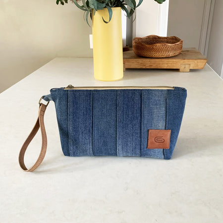 Handmade striped upcycled denim wristlet clutch