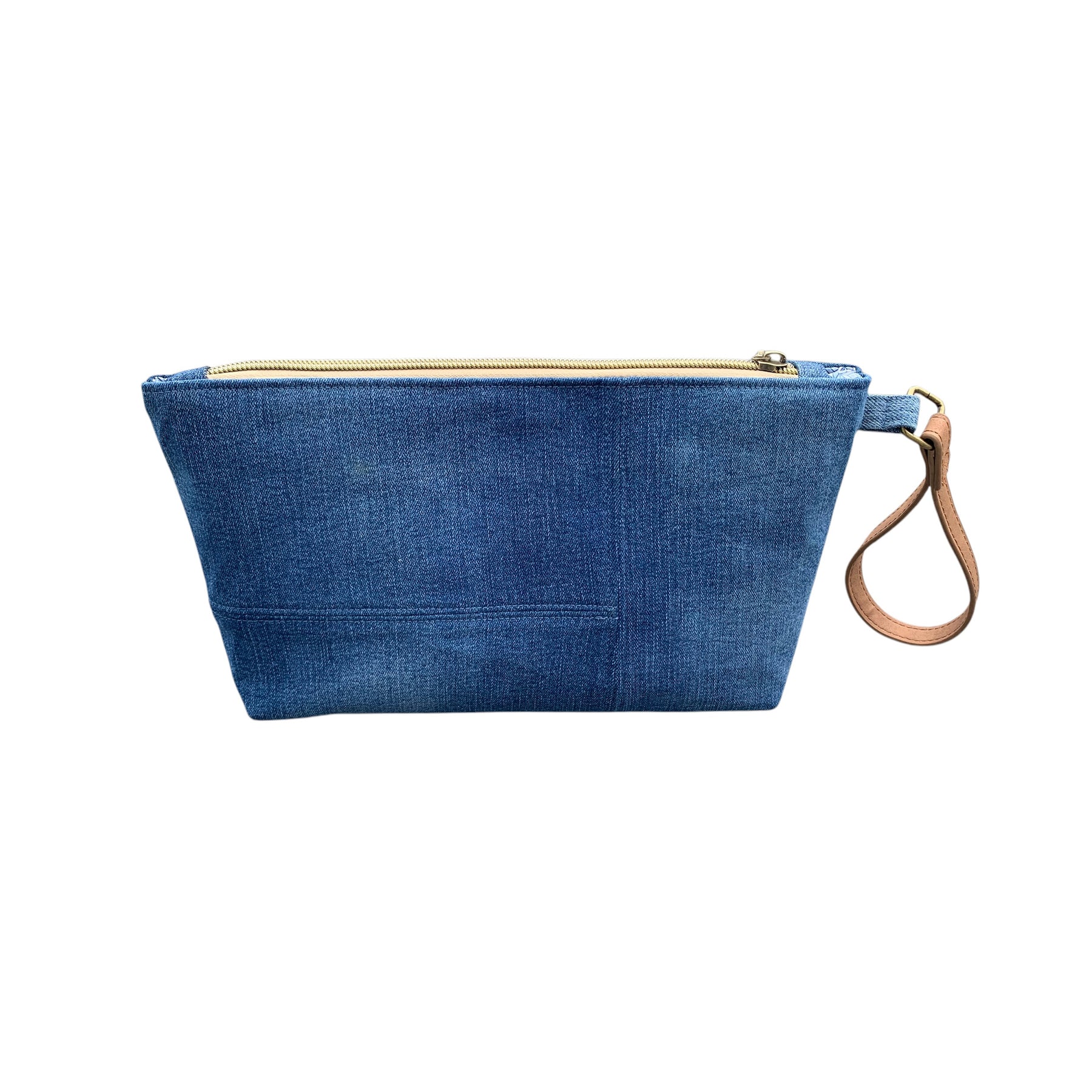 Handmade striped upcycled denim wristlet clutch