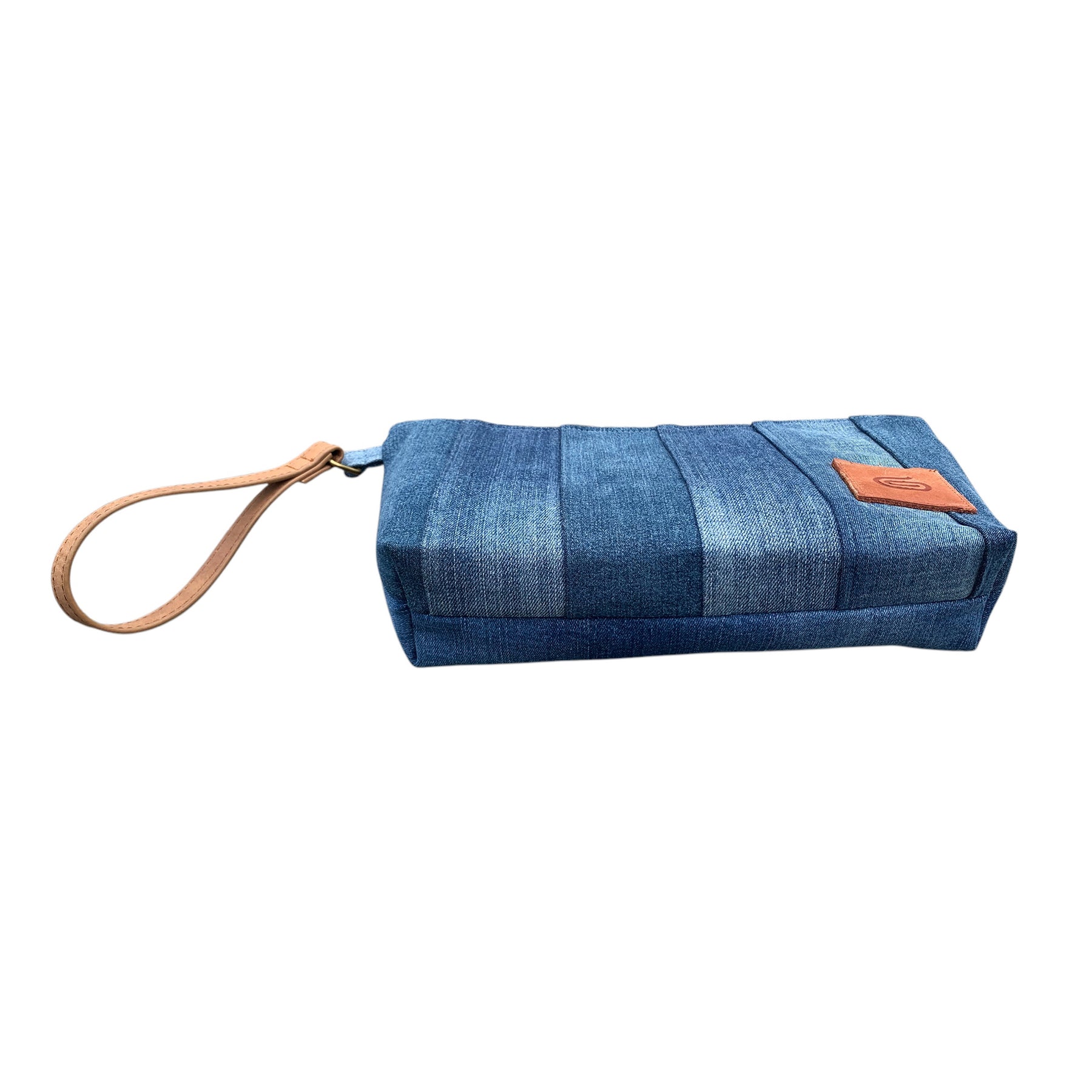 Handmade striped upcycled denim wristlet clutch