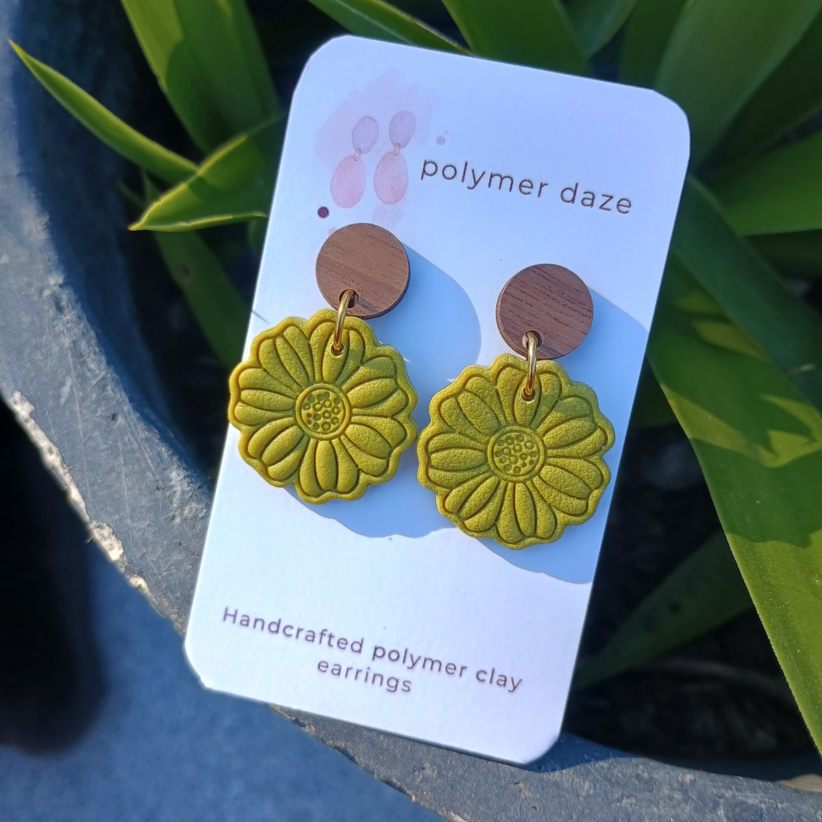 Embossed flower earrings with natural wood stud top