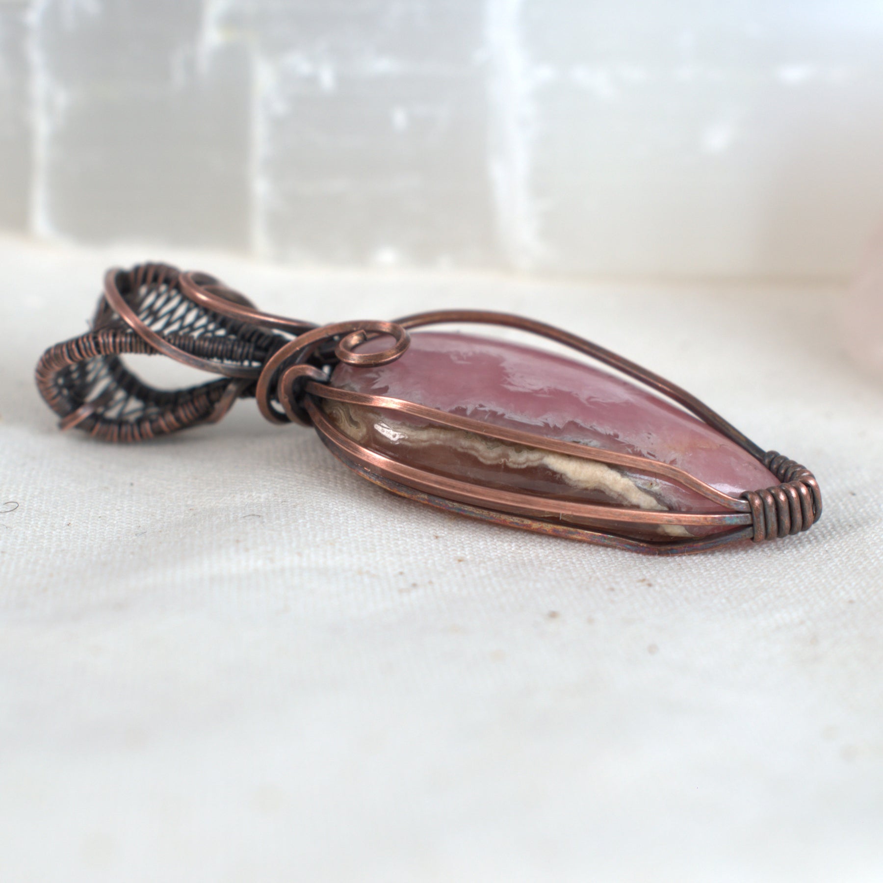Peony Blush - Rhodochrosite Copper Wrapped Pendant