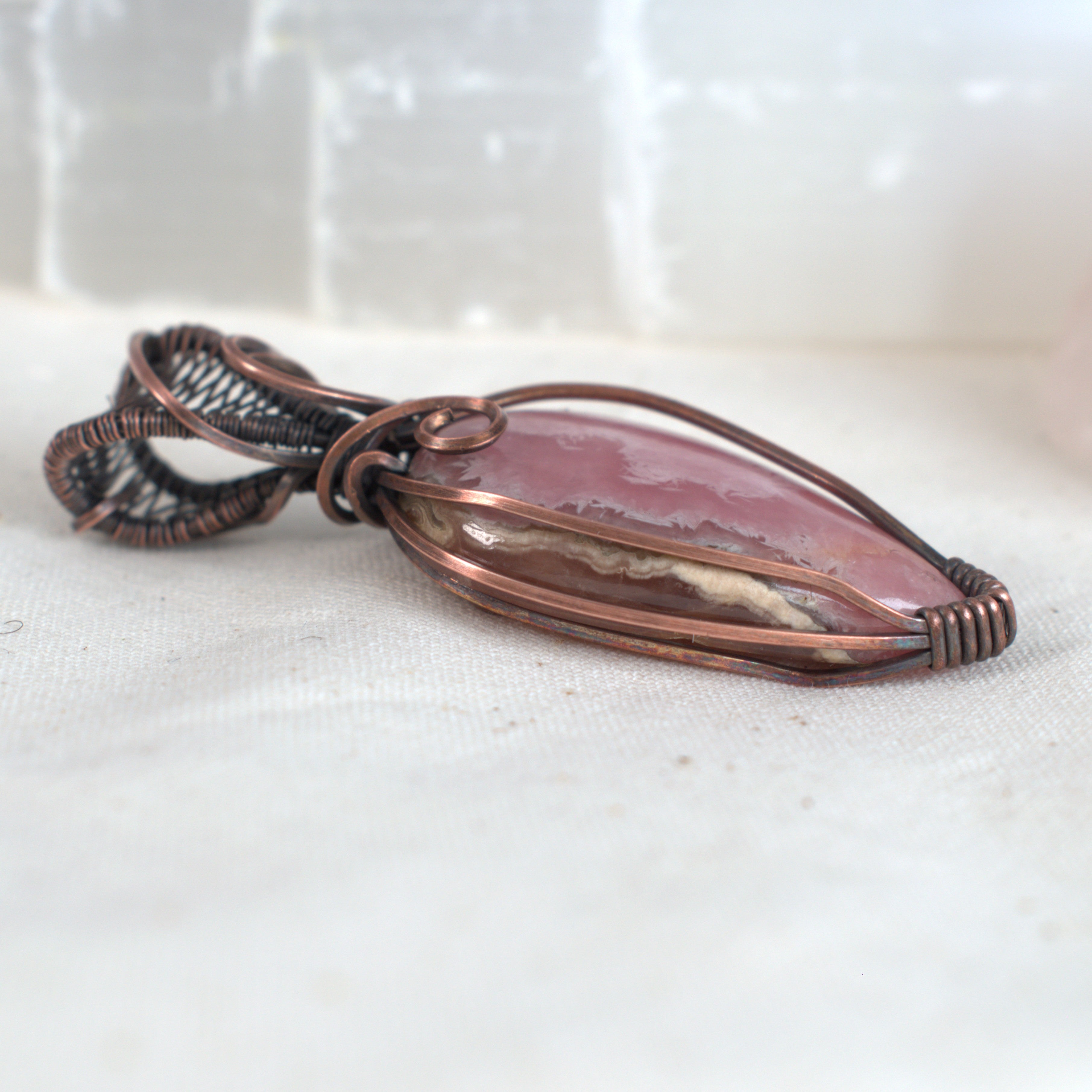 Peony Blush - Rhodochrosite Copper Wrapped Pendant