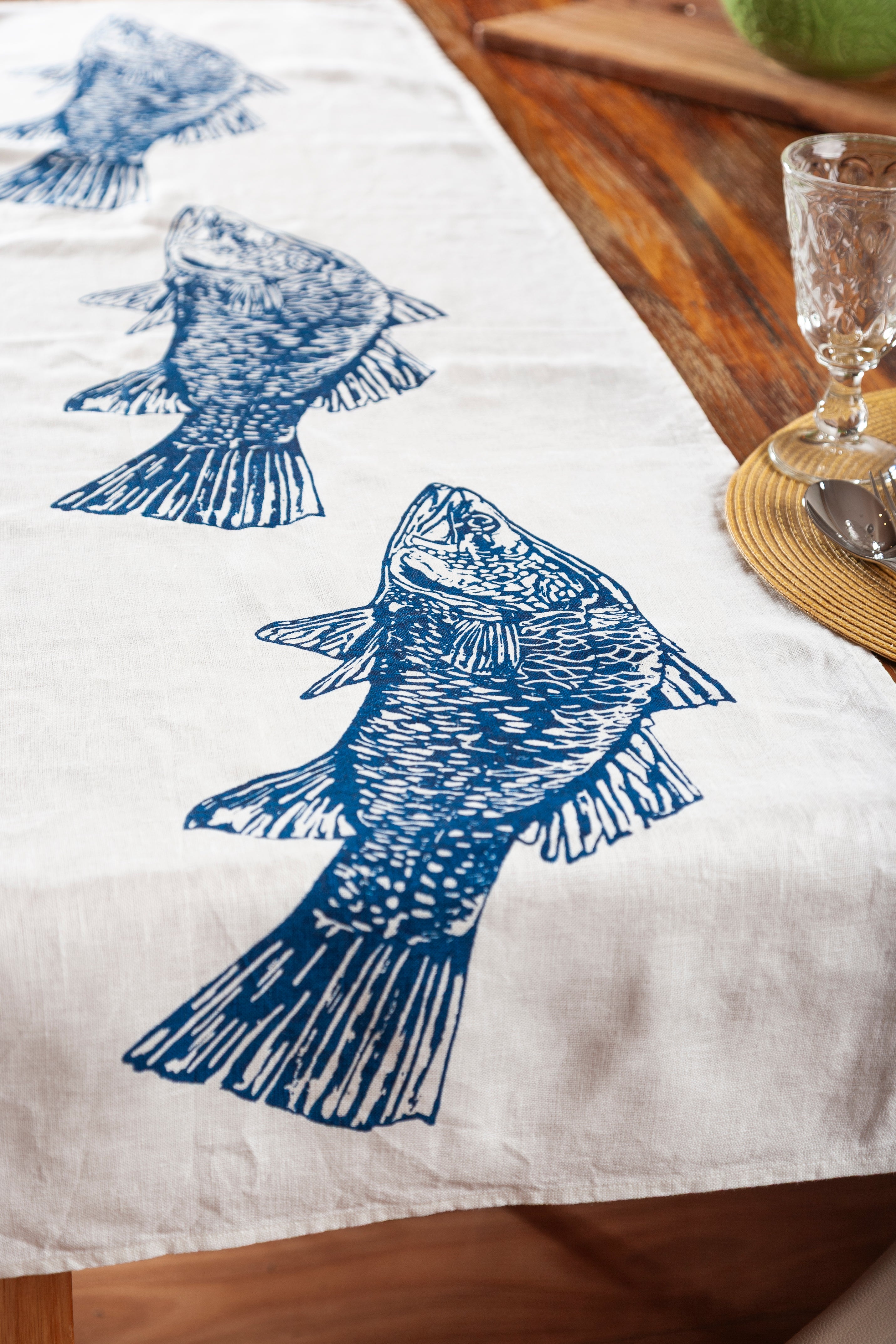 Hand Screen Printed Linen Table Runners-Australian Barramundi
