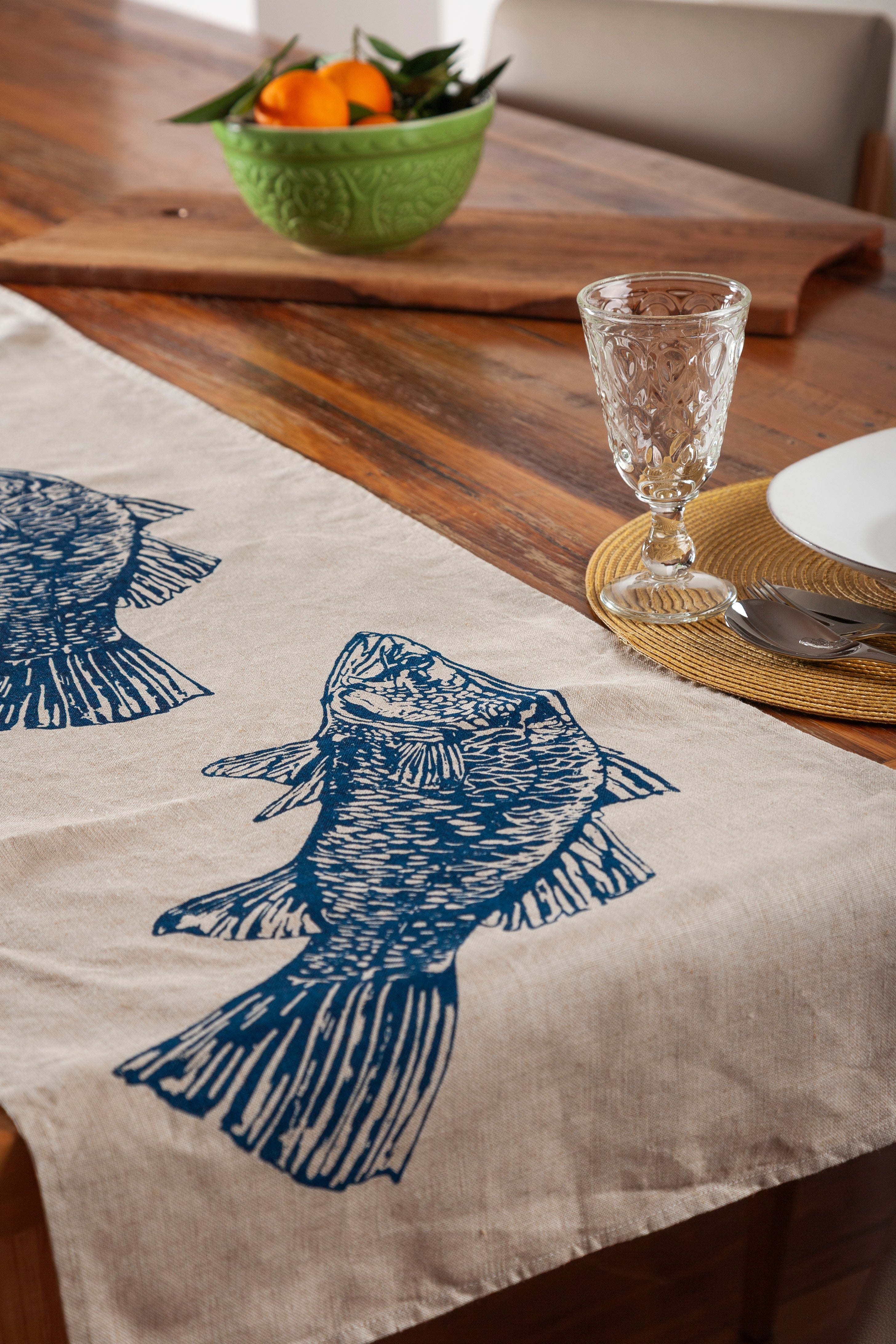 Hand Screen Printed Linen Table Runners-Australian Barramundi
