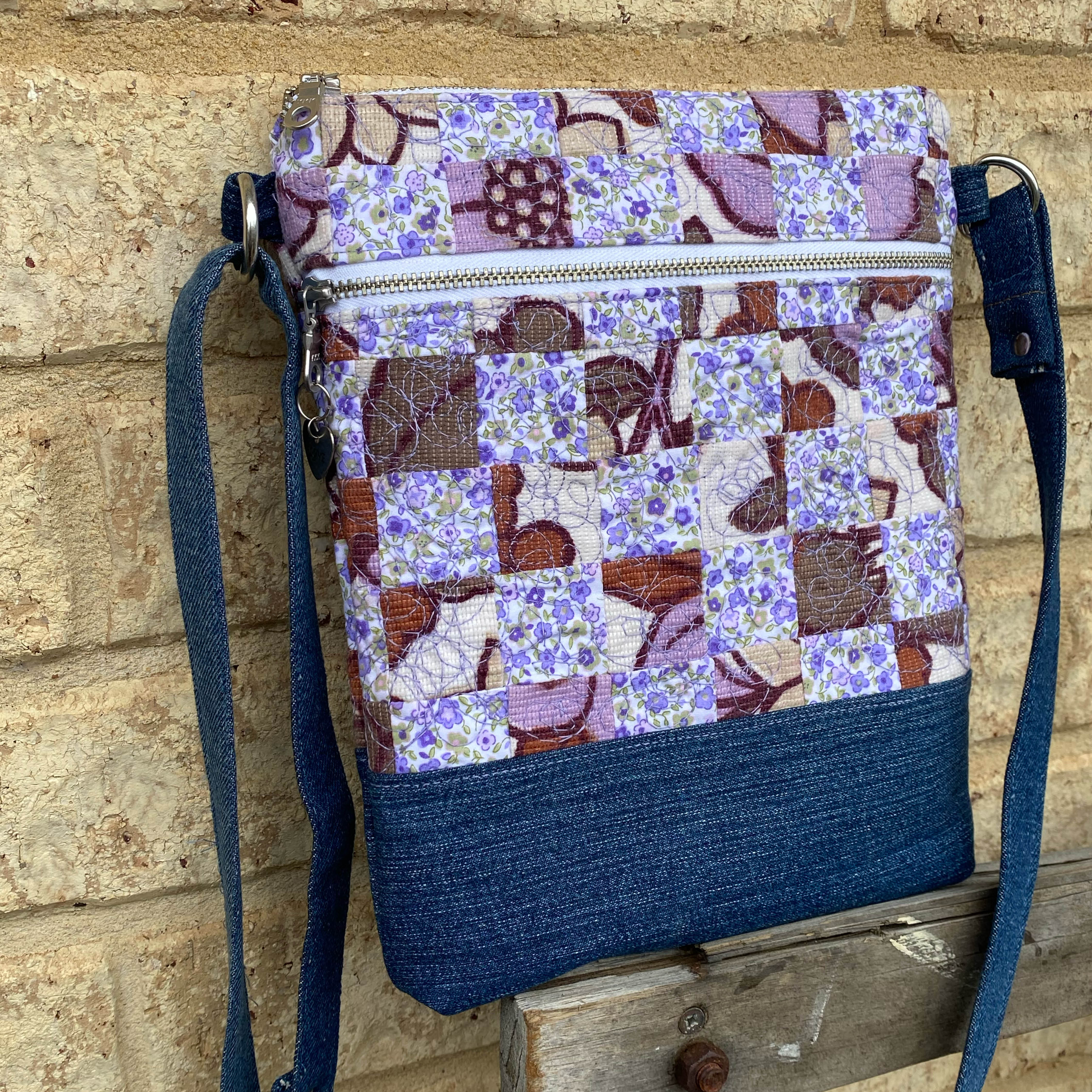 Lavender Bloom Handmade Crossbody Bag Upcycled Vintage Fabrics & Denim