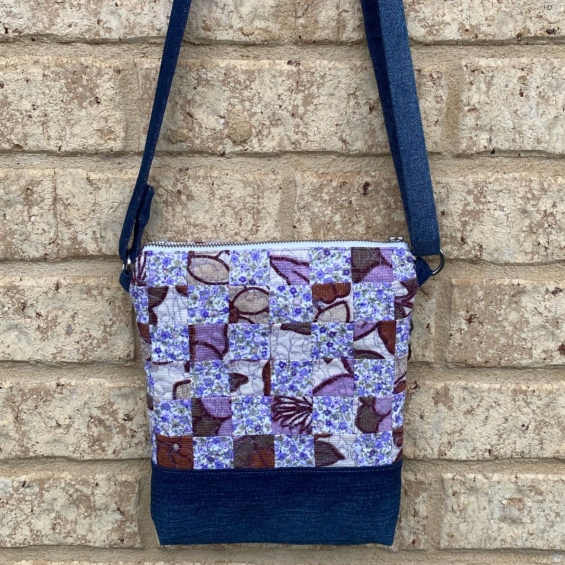 Lavender Bloom Handmade Crossbody Bag Upcycled Vintage Fabrics & Denim