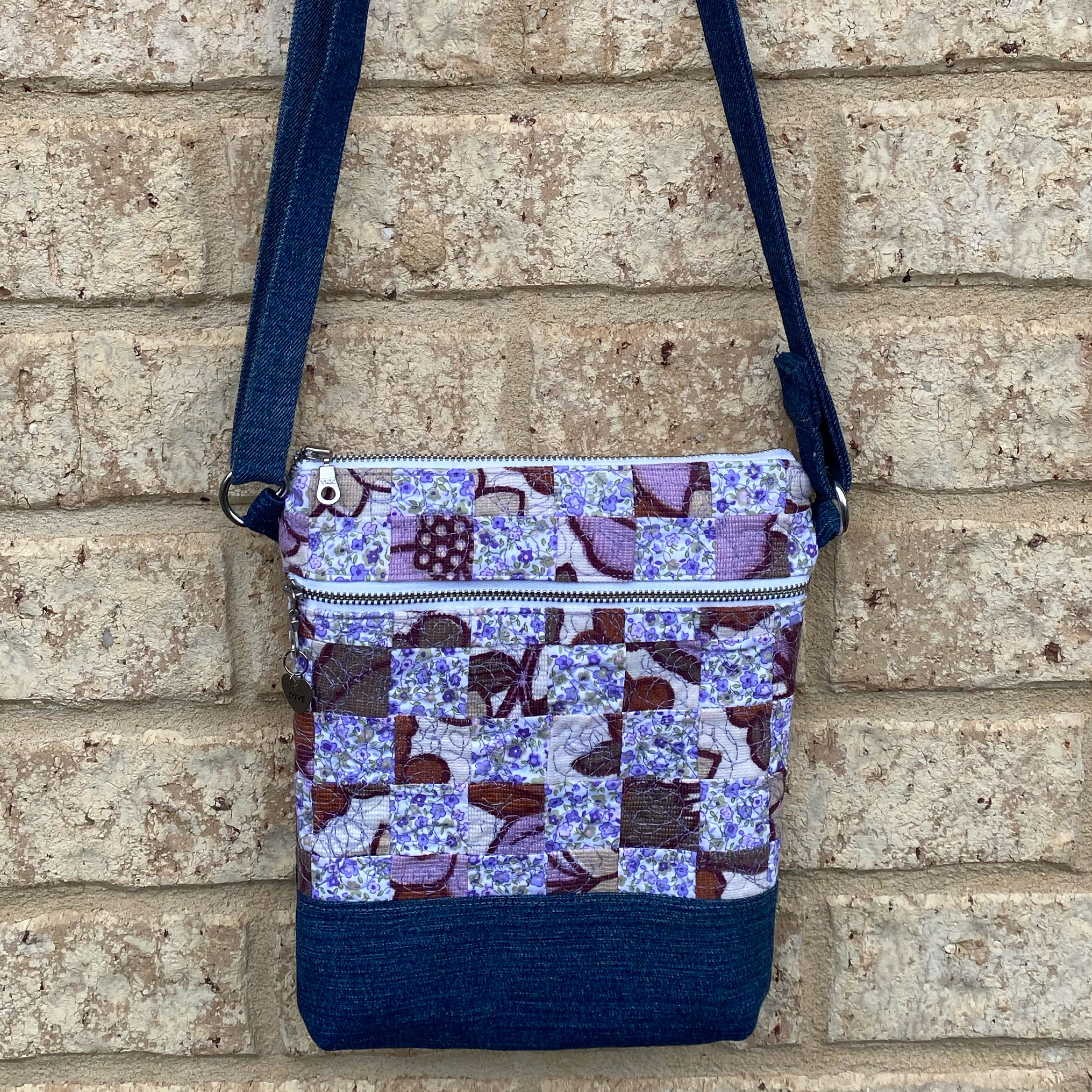 Lavender Bloom Handmade Crossbody Bag Upcycled Vintage Fabrics & Denim