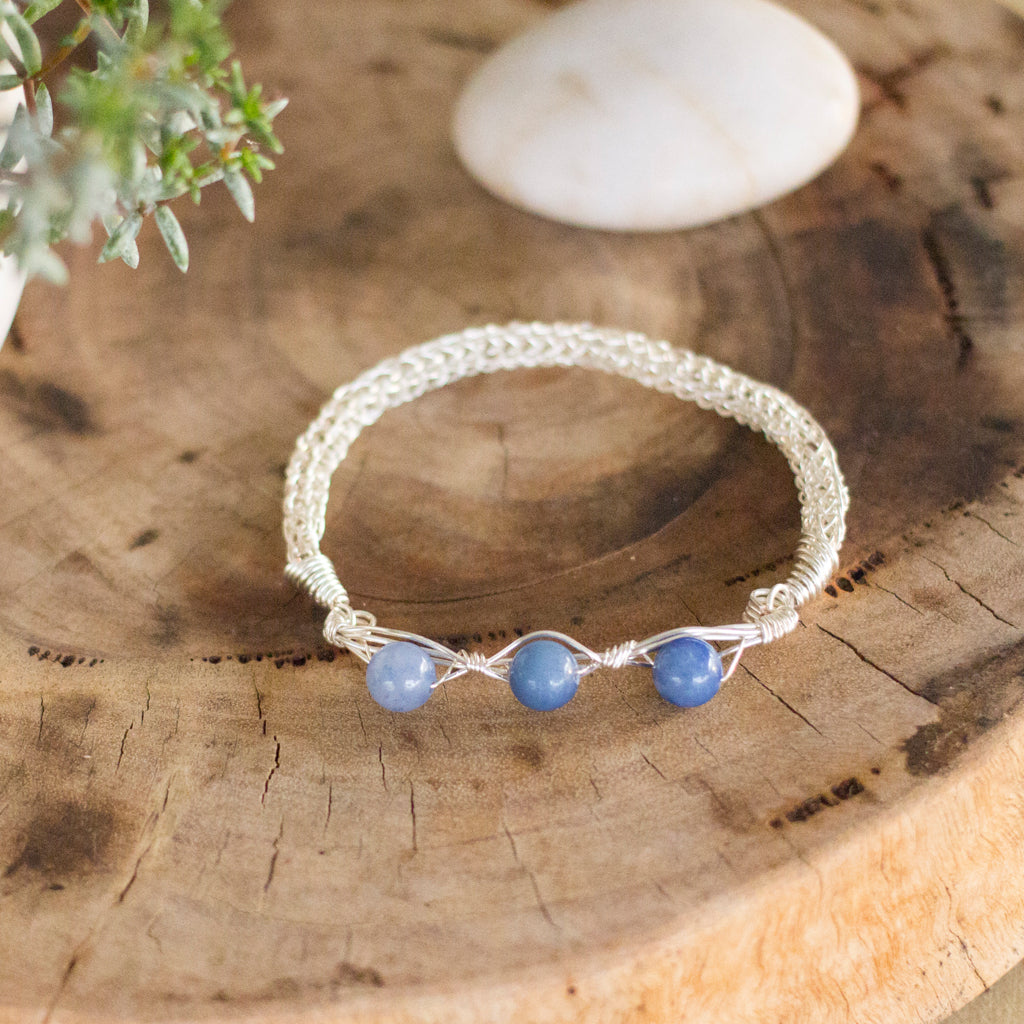 Blue Aventurine Silver Wire Knitted Bangle Bracelet