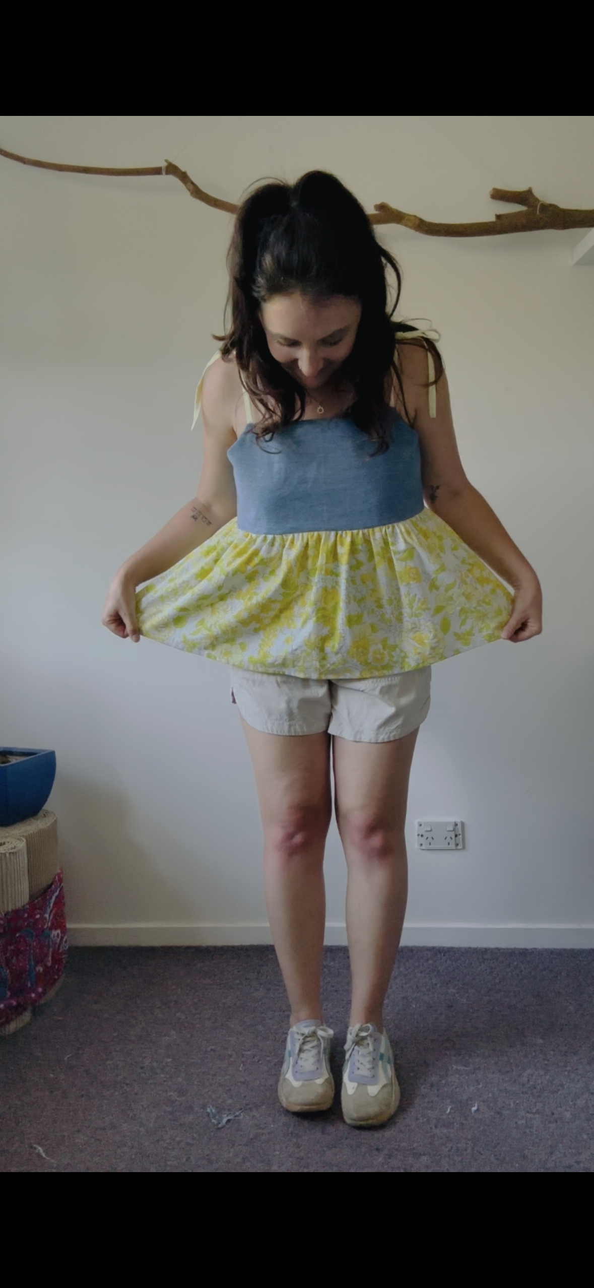 Upcycled Babydoll Top | Denim & Yellow Floral Size 12
