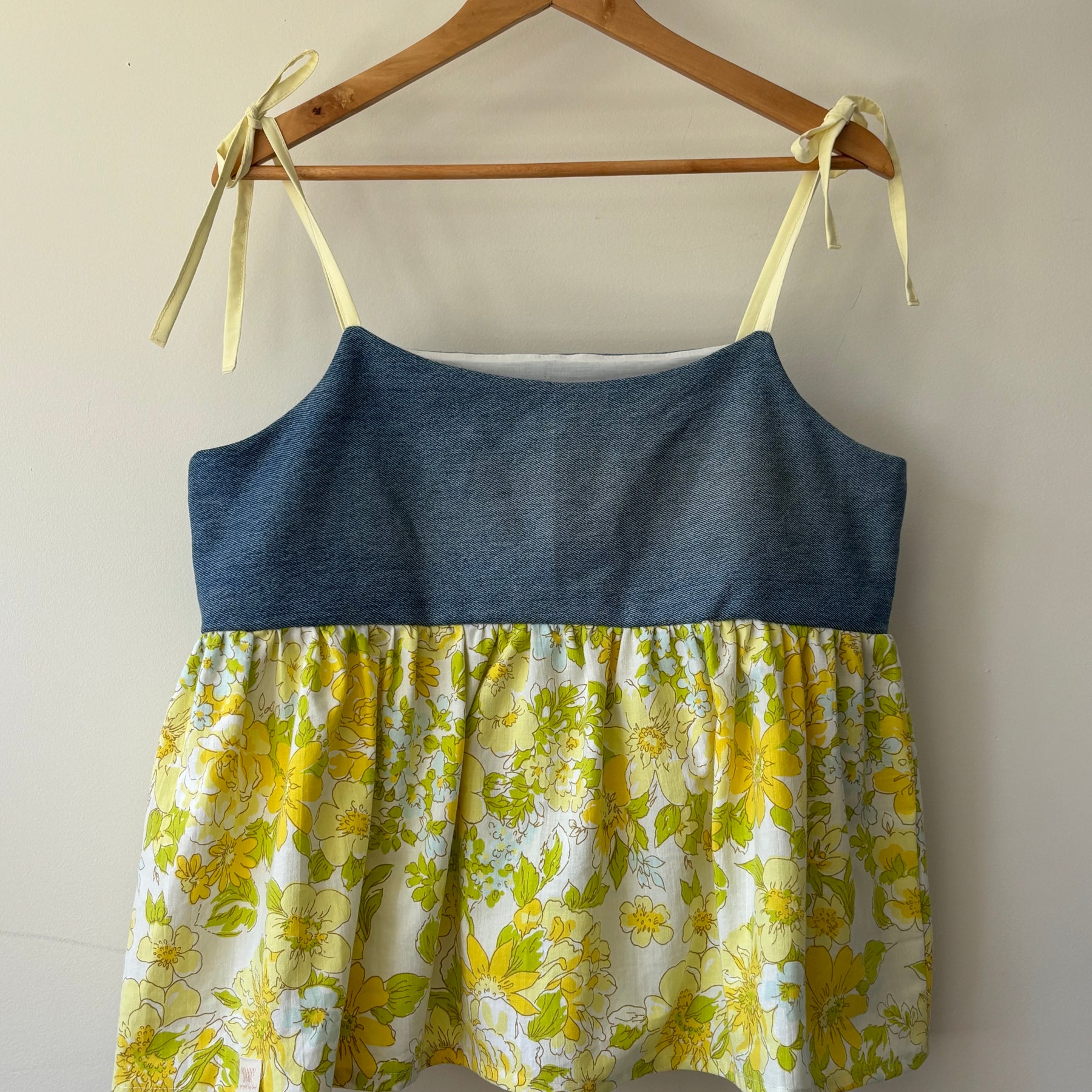 Upcycled Babydoll Top | Denim & Yellow Floral Size 12