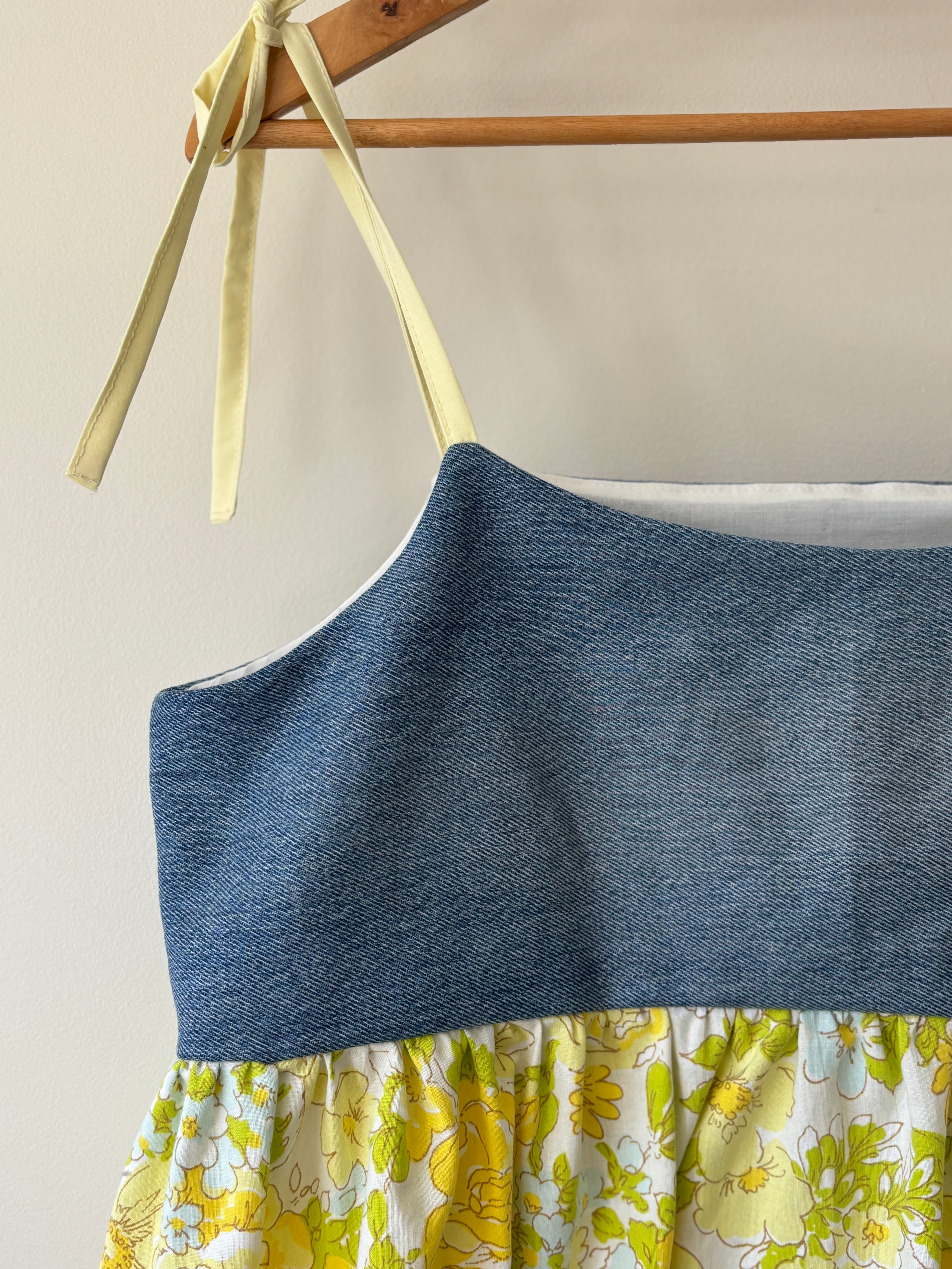 Upcycled Babydoll Top | Denim & Yellow Floral Size 12