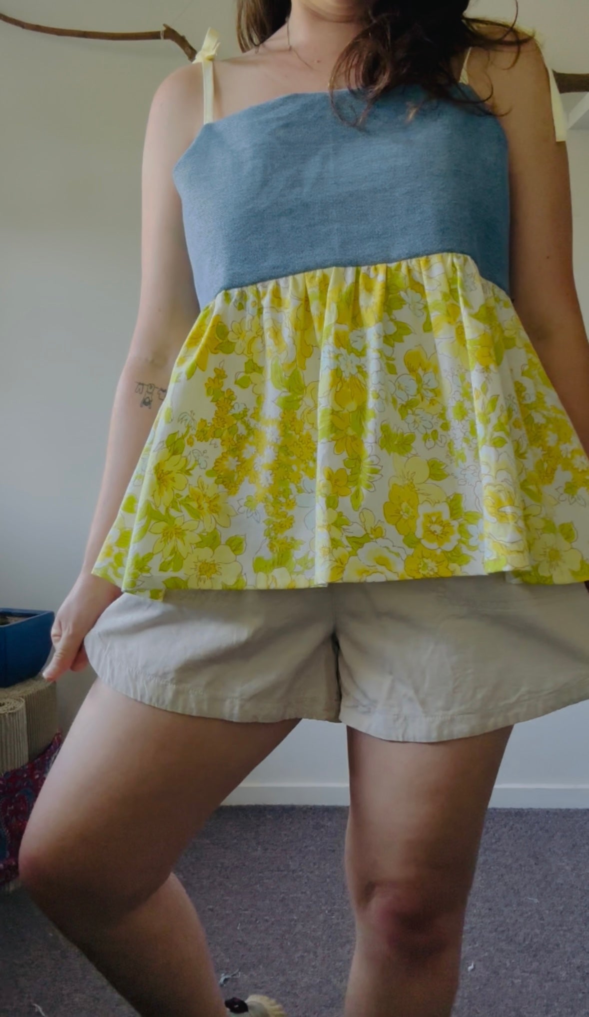 Upcycled Babydoll Top | Denim & Yellow Floral Size 12