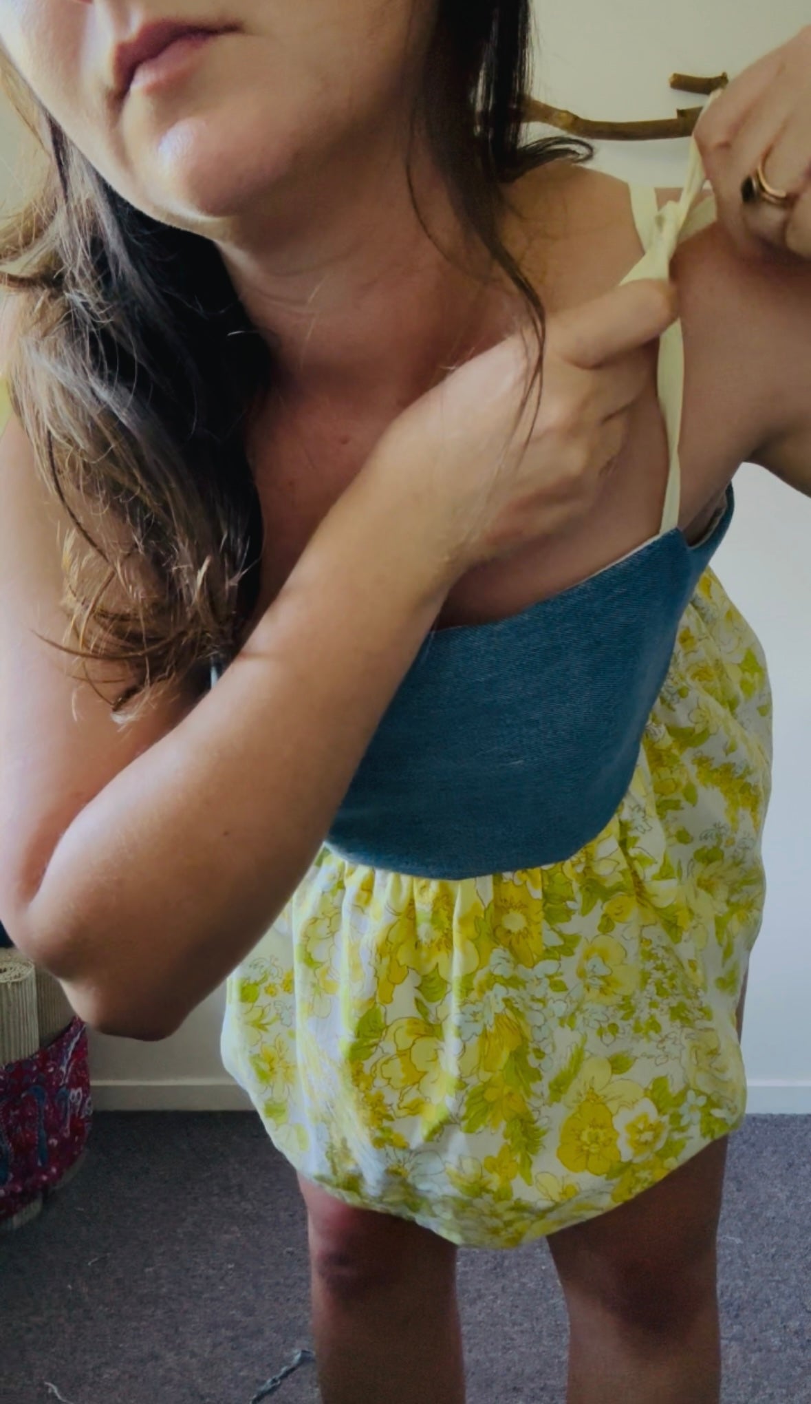 Upcycled Babydoll Top | Denim & Yellow Floral Size 12