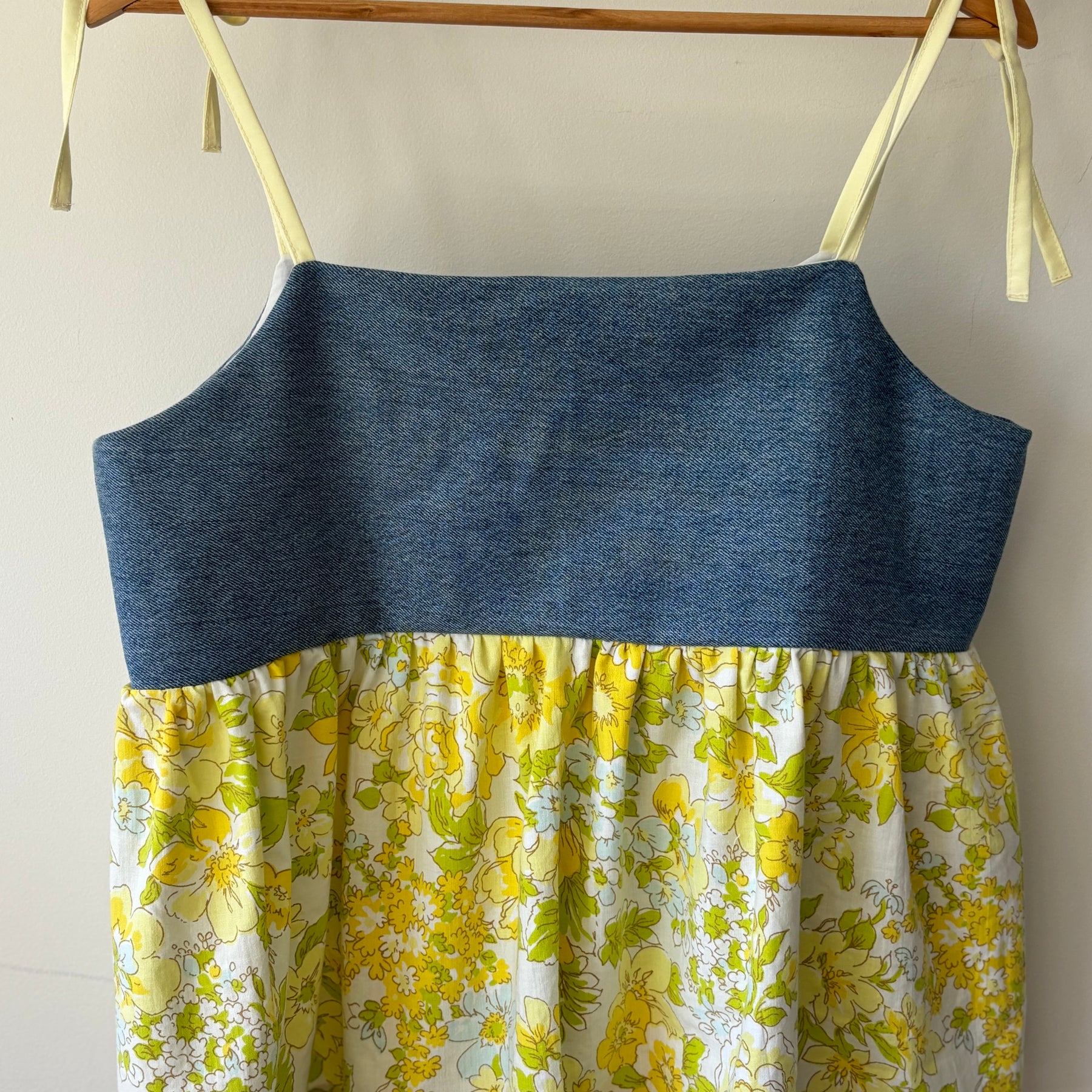 Upcycled Babydoll Top | Denim & Yellow Floral Size 12