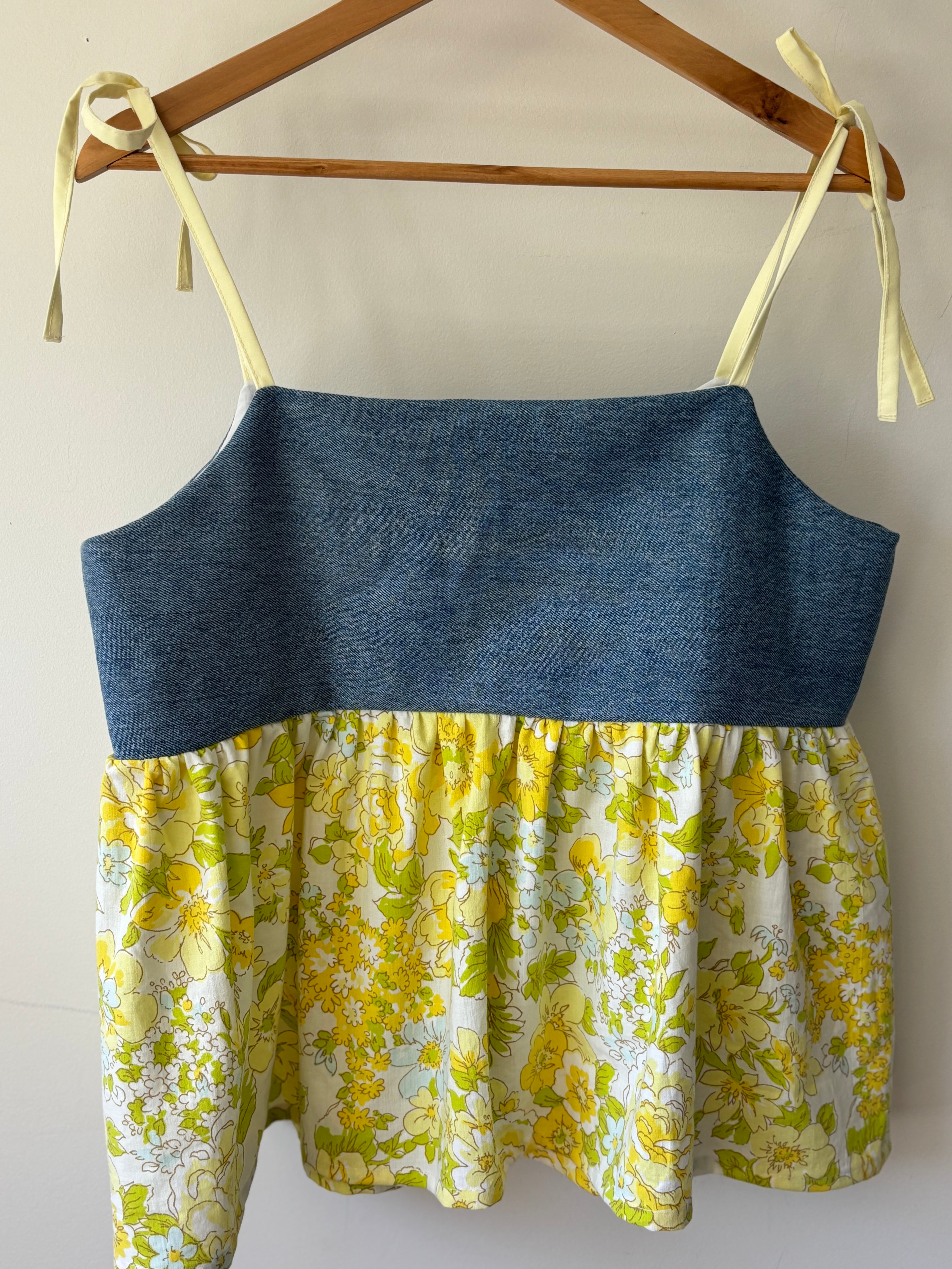 Upcycled Babydoll Top | Denim & Yellow Floral Size 12