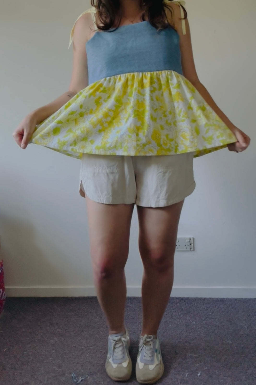 Upcycled Babydoll Top | Denim & Yellow Floral Size 12