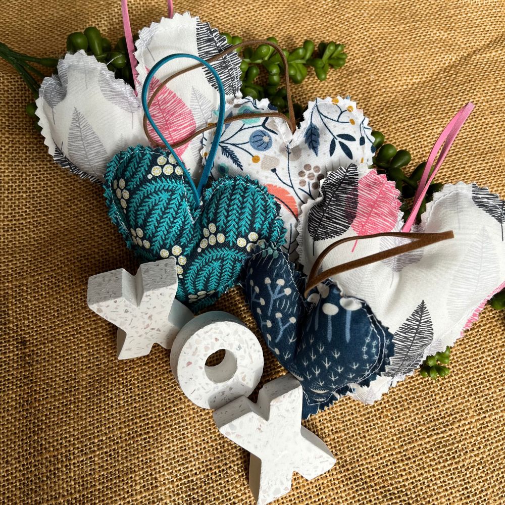 Collection of 5 Handmade hearts | organic fabric | rustic  look