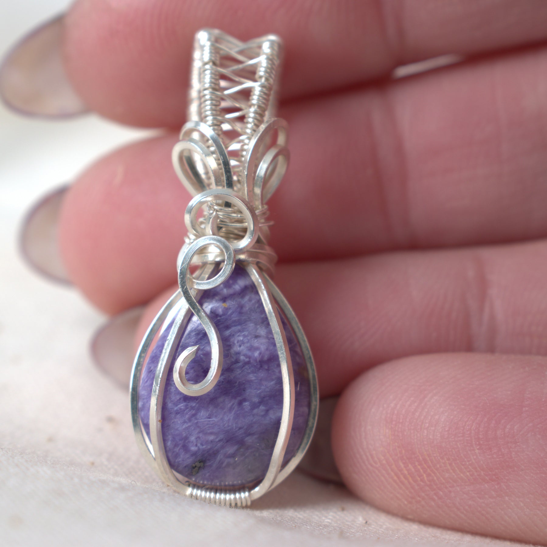 Wire Wrapped Charoite Keepsake Pendant