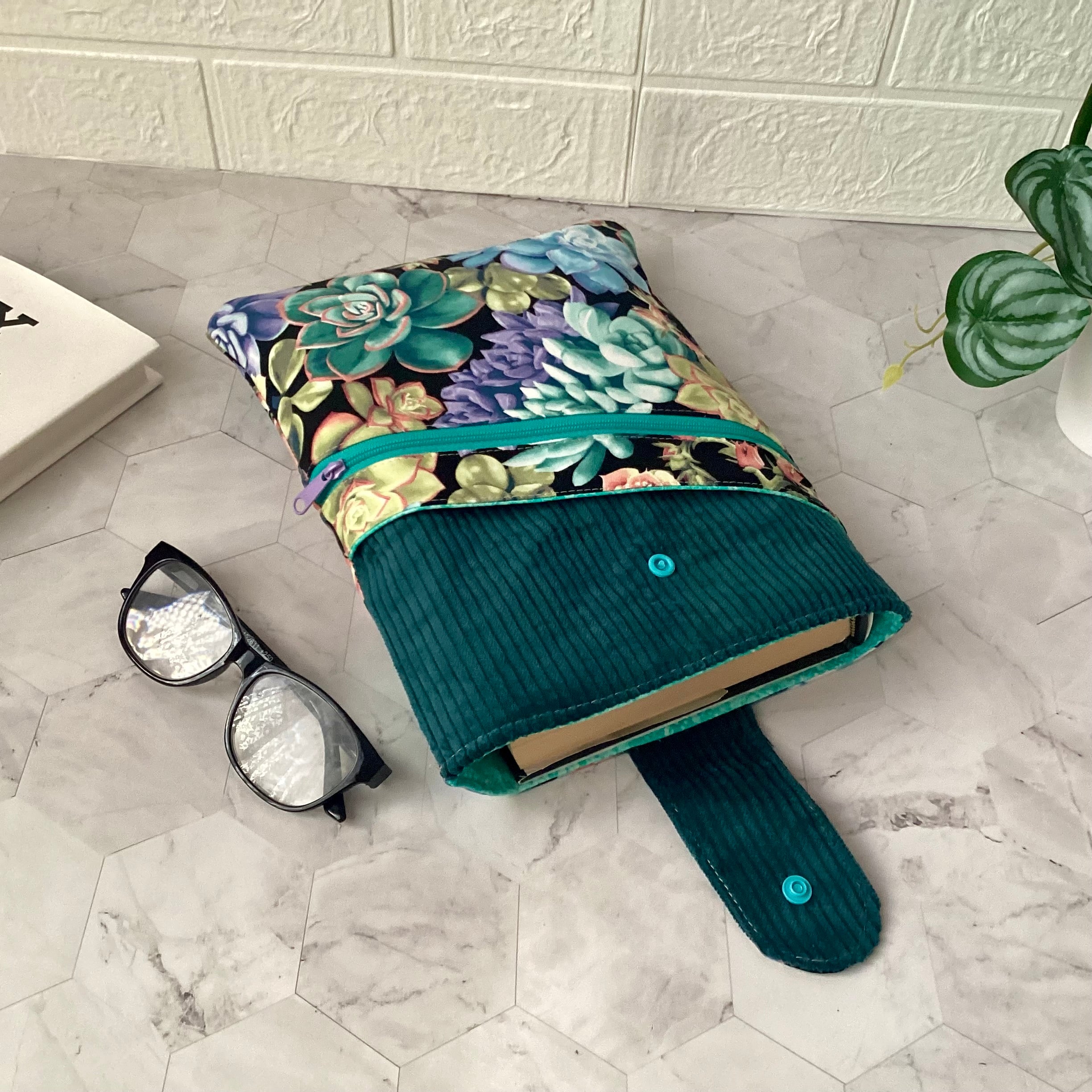 Succulent plants fabric book sleeve with 2 pockets. iPad, tablet pouch
