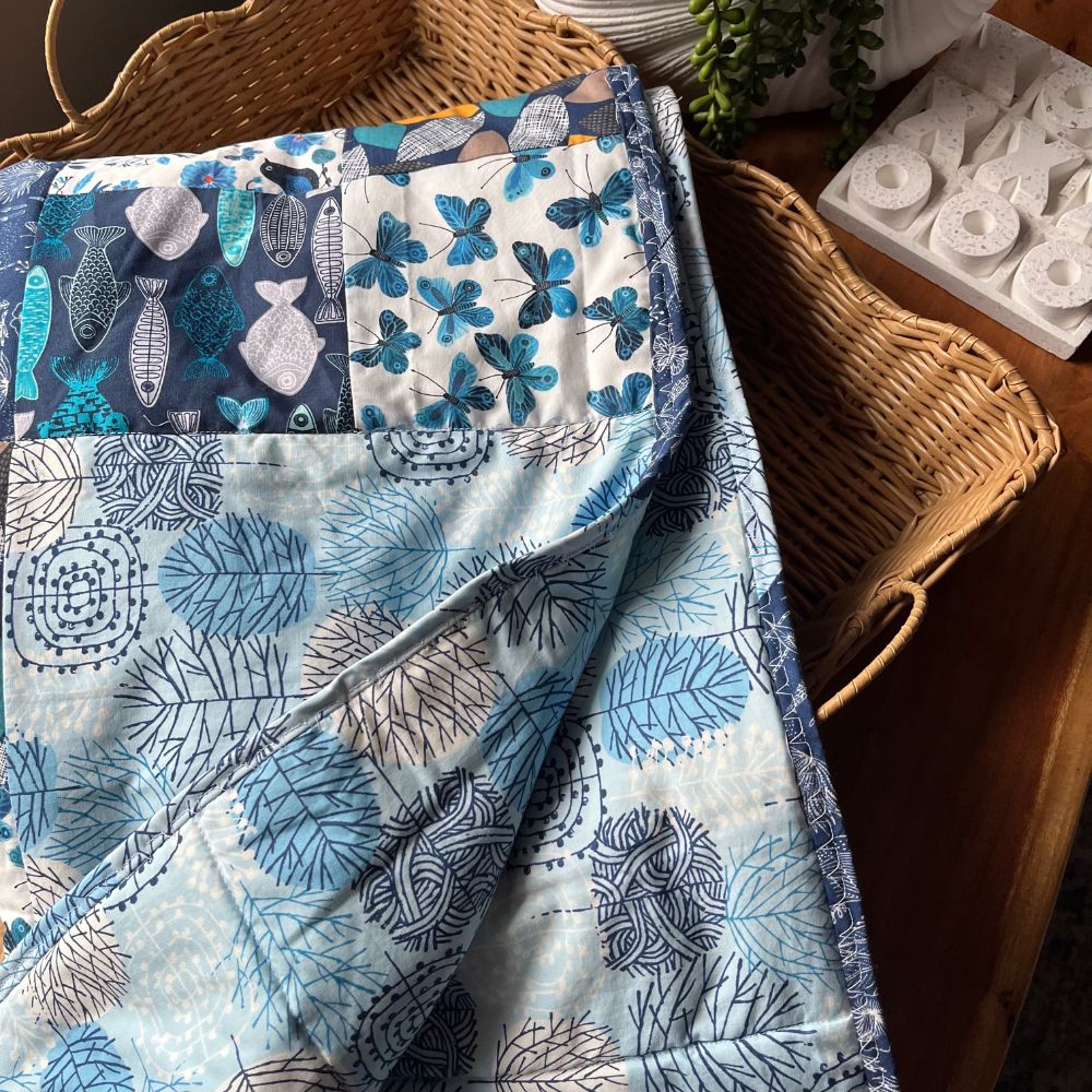 Handmade Baby Play Mat Quilt — 100% Organic Cotton | Reversible | Nature in Blue Tones