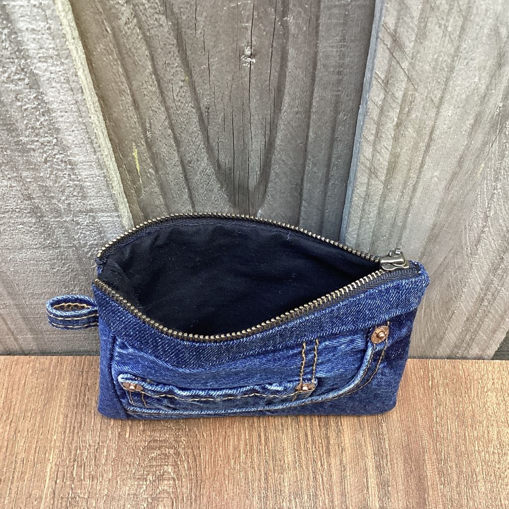 Small Upcycled Denim Coin Purse – Brass Rivets