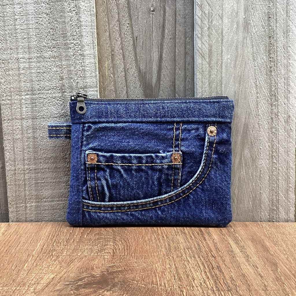 Small Upcycled Denim Coin Purse – Brass Rivets