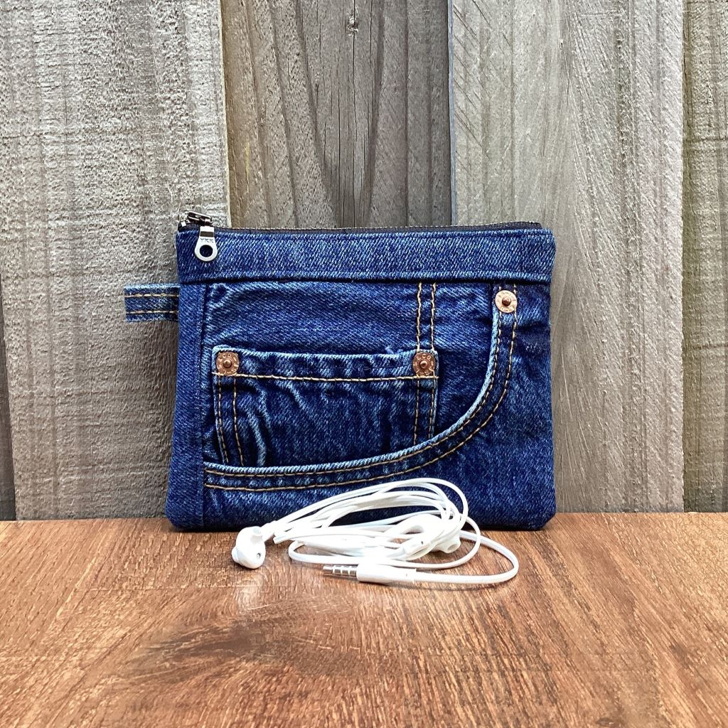 Small Upcycled Denim Coin Purse – Brass Rivets