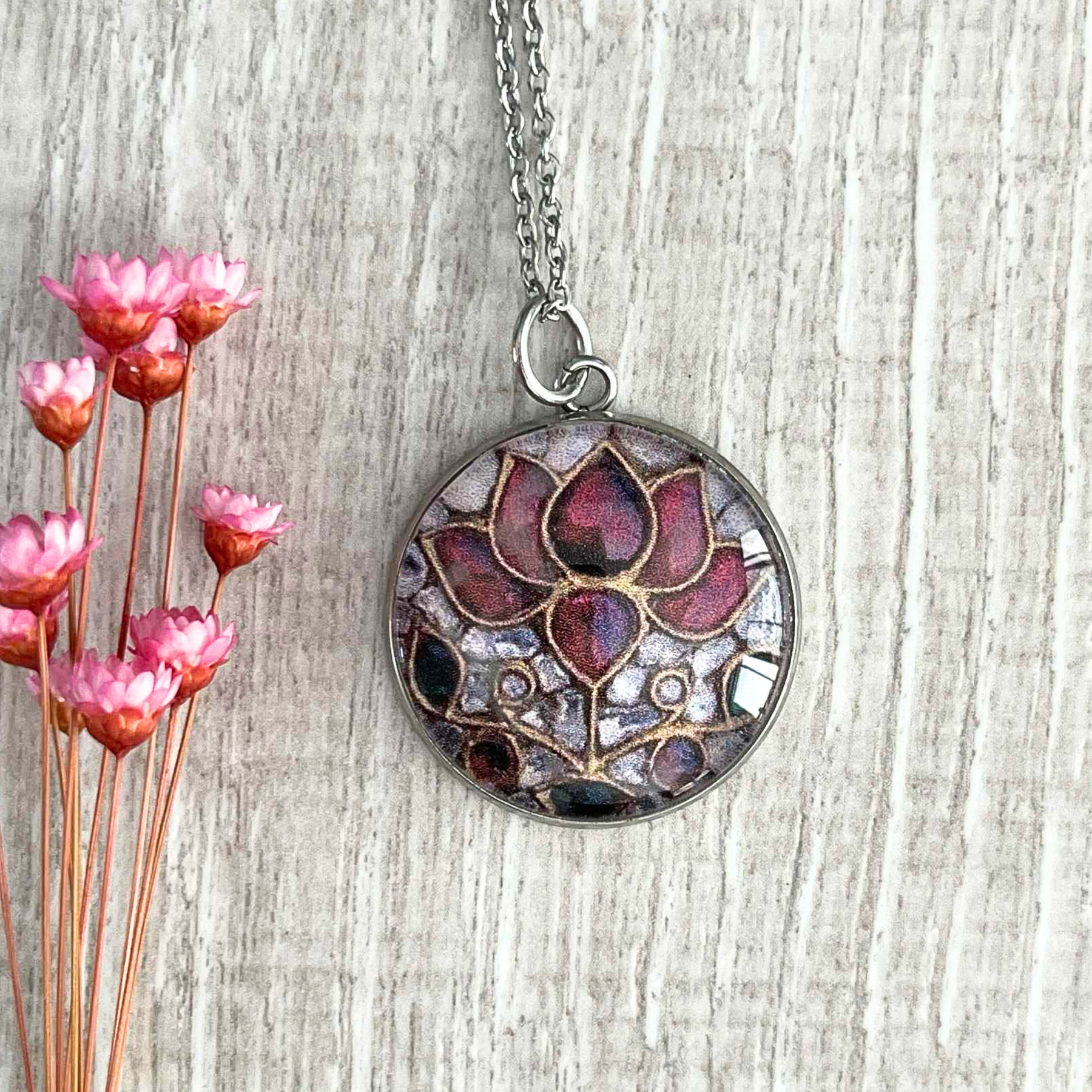 Lotus Flower Design Pendant and Earring Set • Handmade with Paper and Glass Necklace