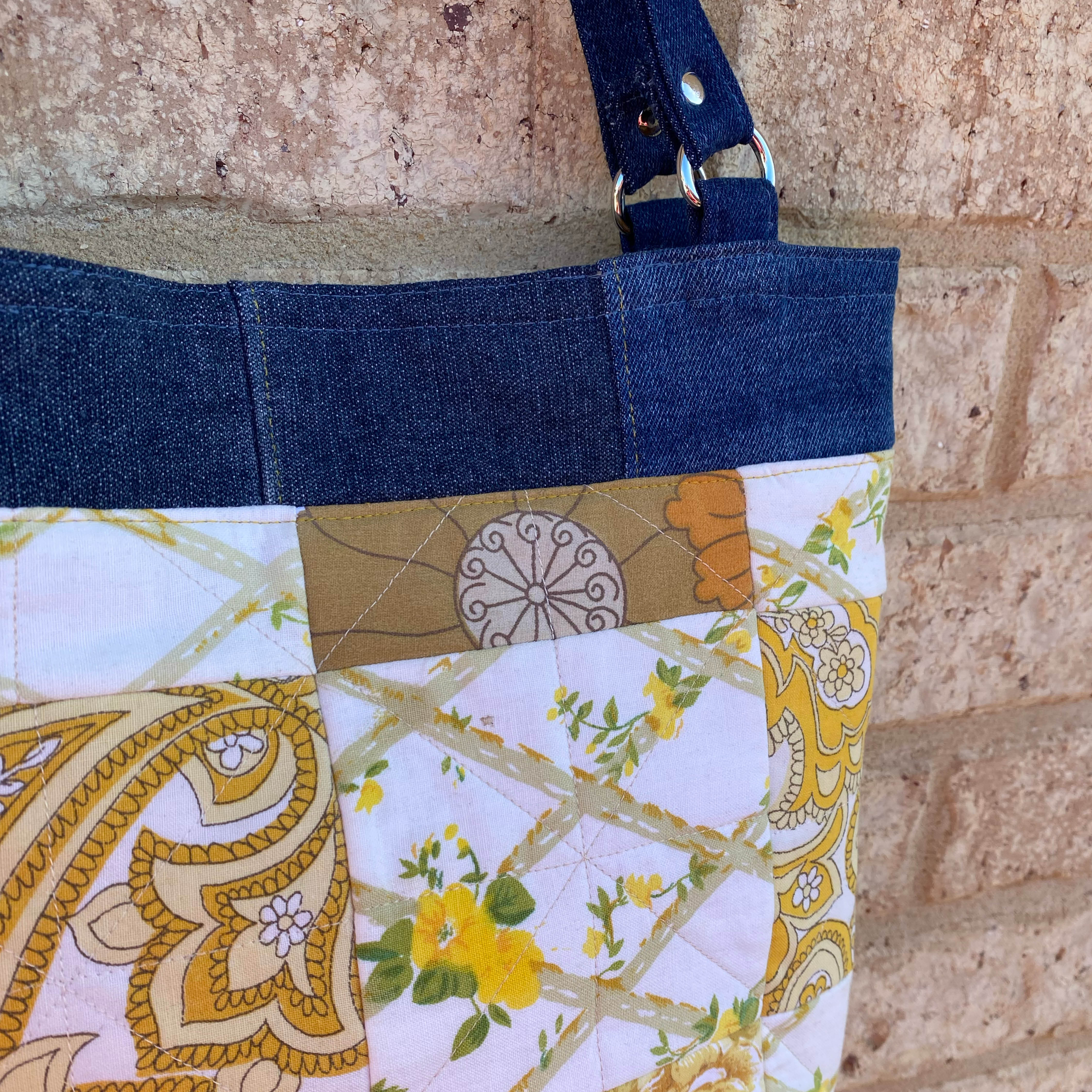 Quilted Sunshine Handmade Tote Bag Upcycled Vintage Fabrics & Denim