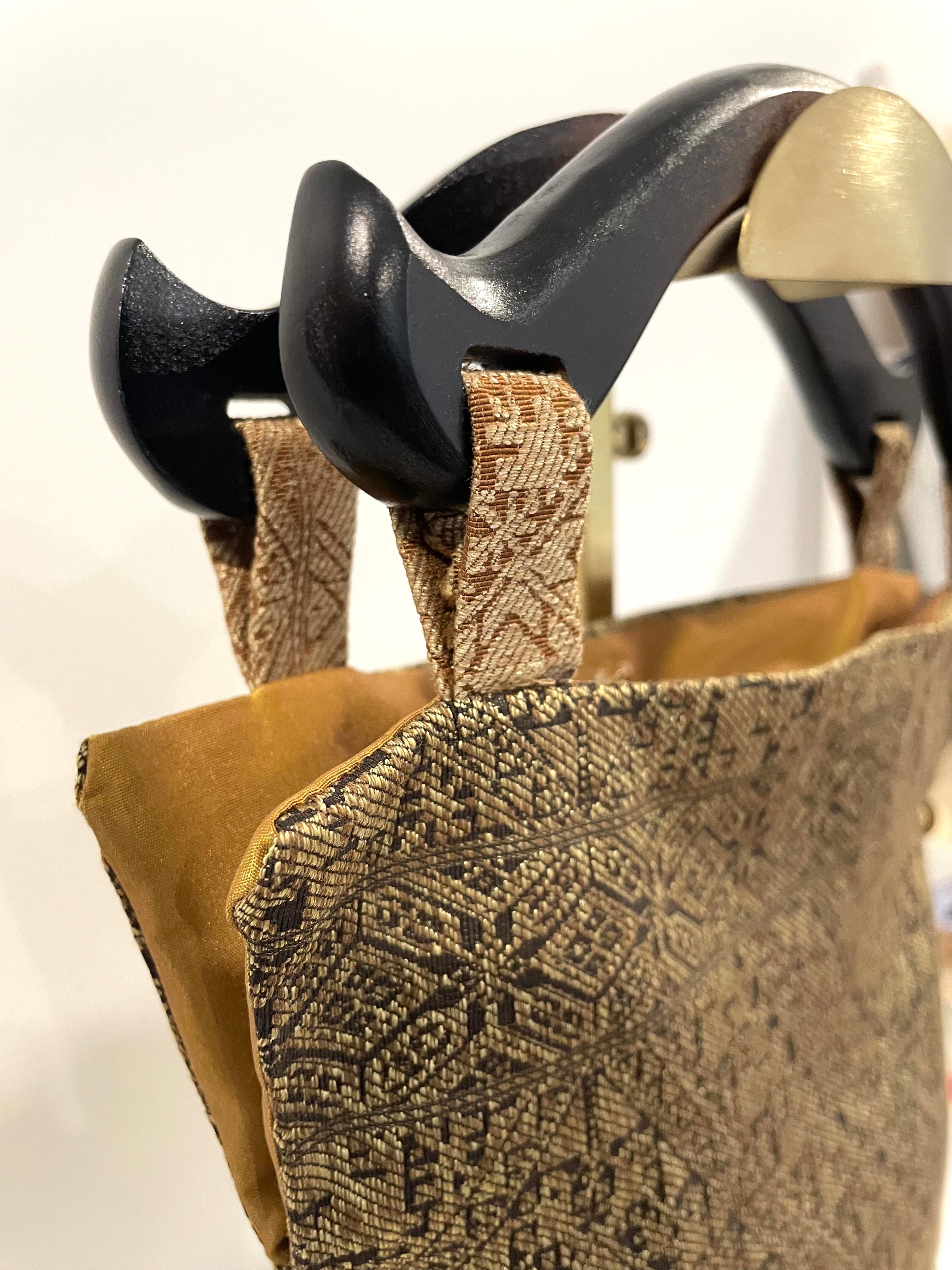 Handmade Gold Brown Wooden Handle Bag • Upcycled Purse