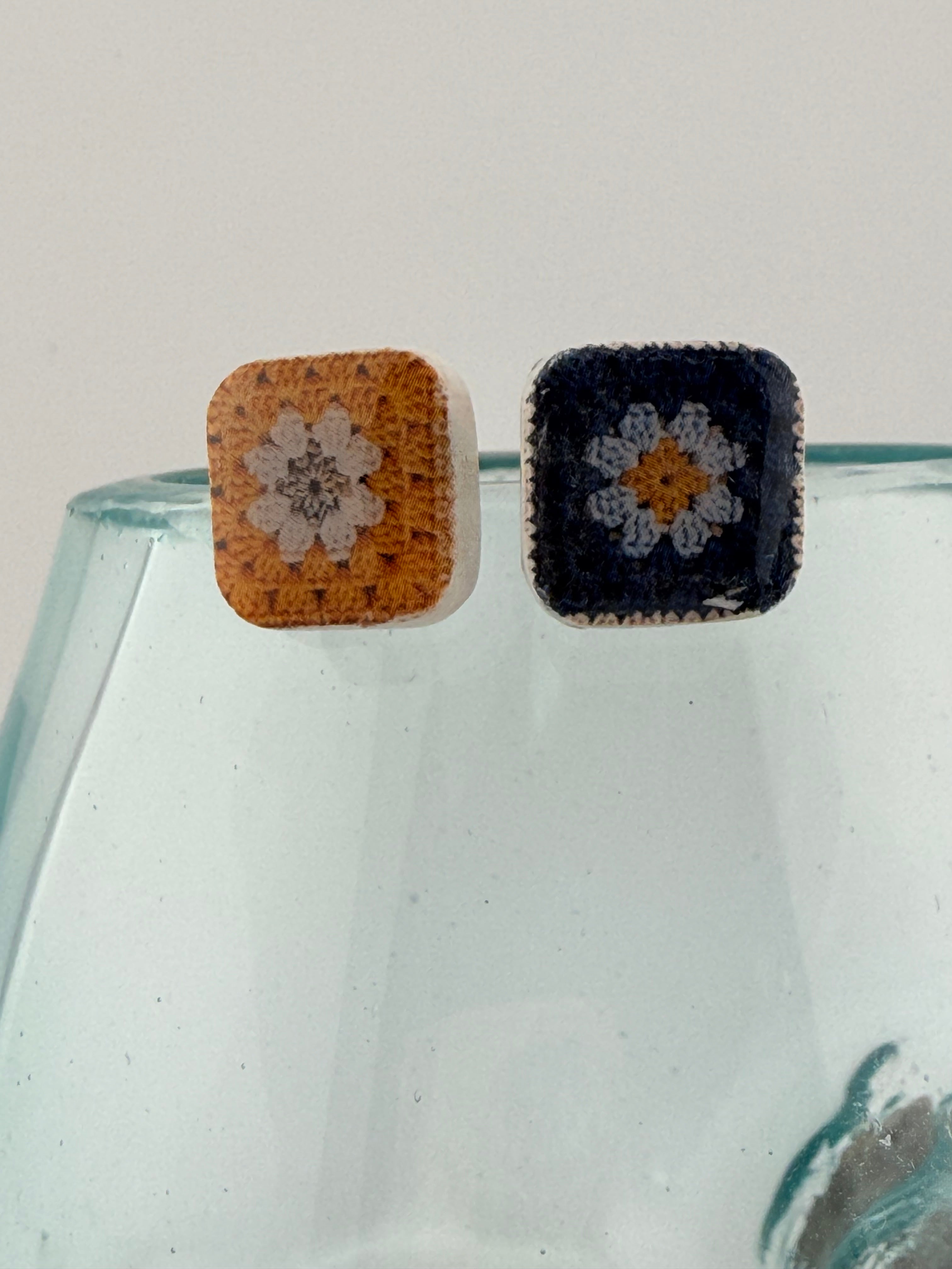 Handmade Crochet Square Polymer Clay Stud Earrings
