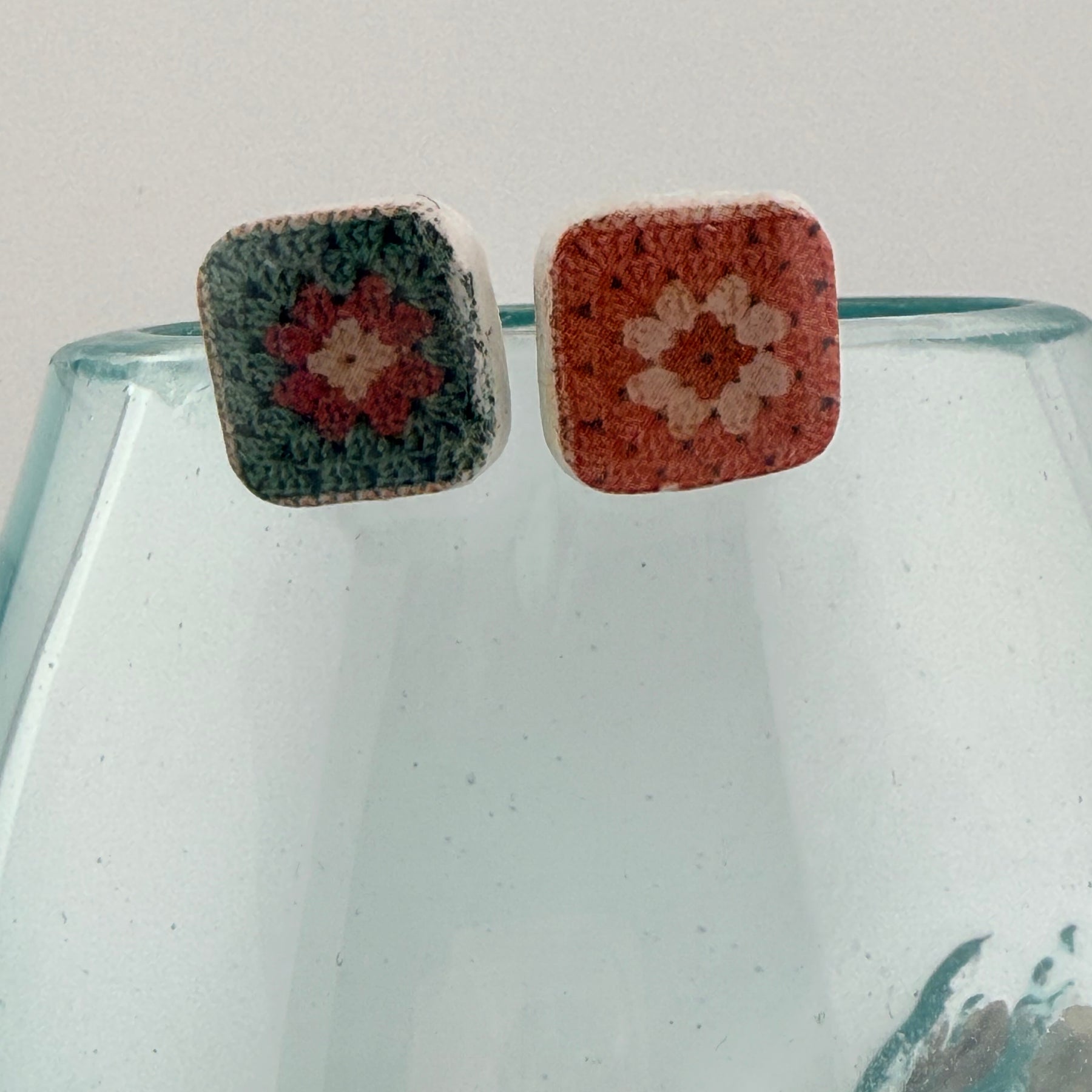 Handmade Crochet Square Polymer Clay Stud Earrings