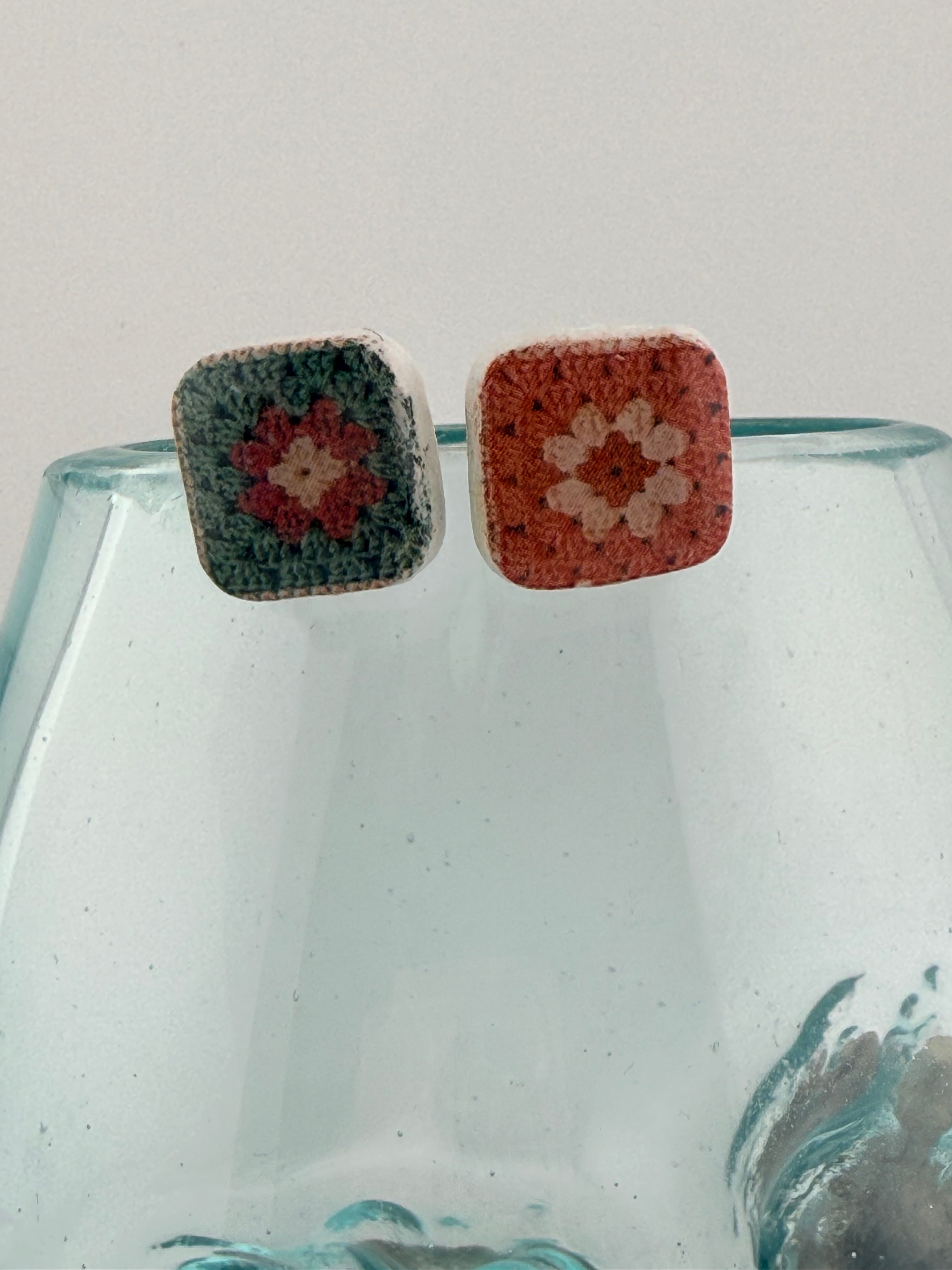 Handmade Crochet Square Polymer Clay Stud Earrings