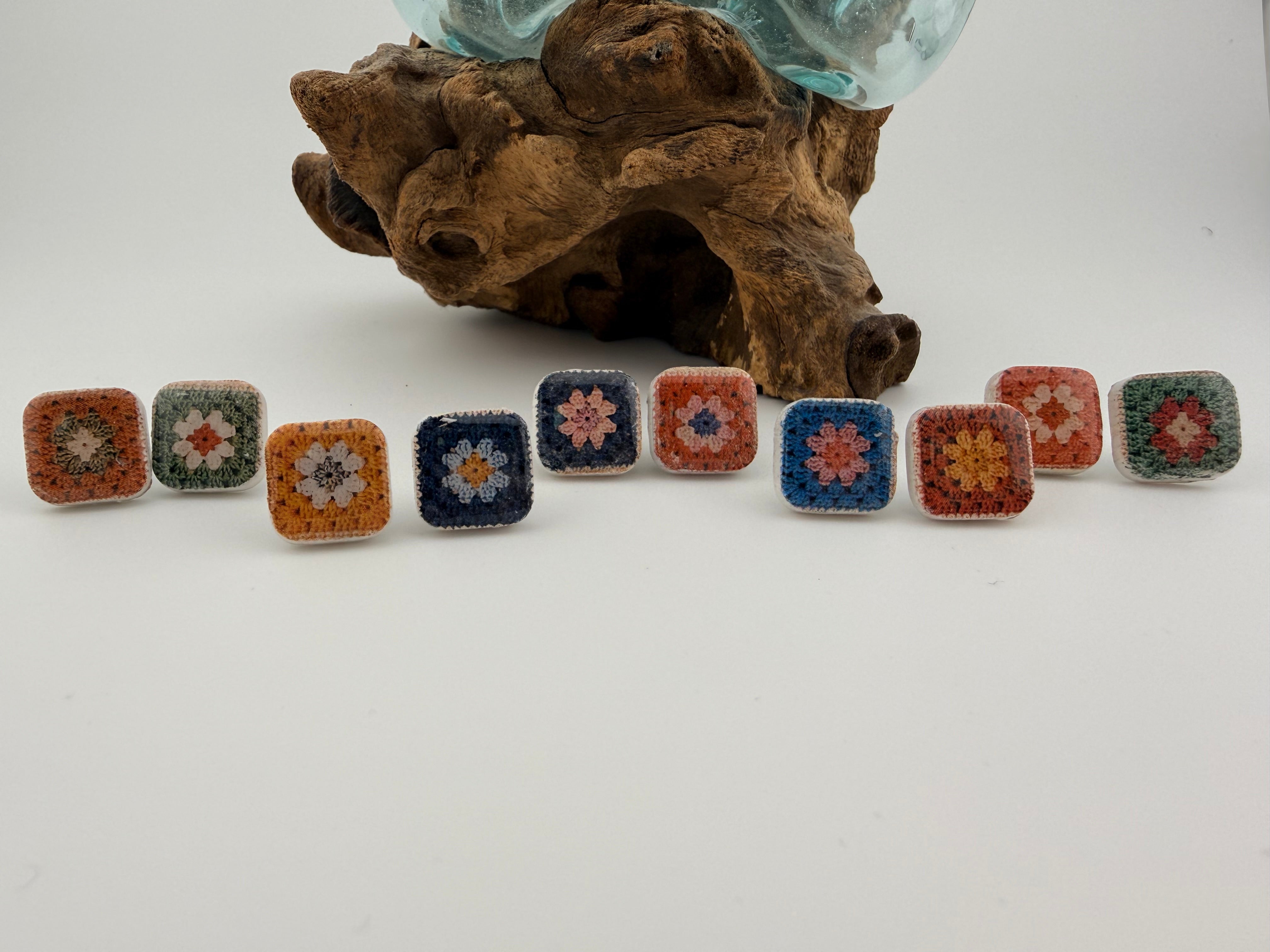 Handmade Crochet Square Polymer Clay Stud Earrings