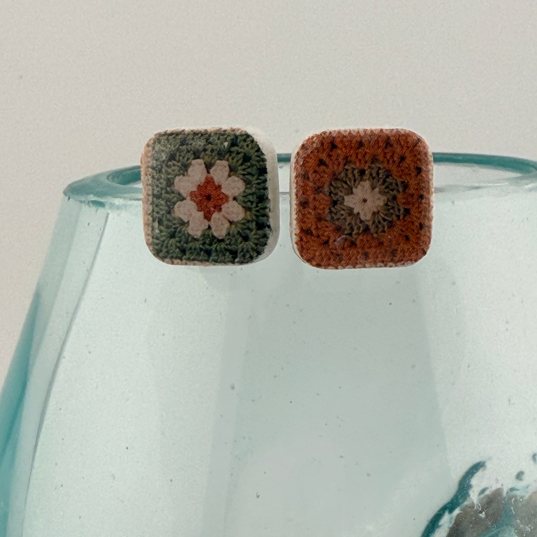 Handmade Crochet Square Polymer Clay Stud Earrings