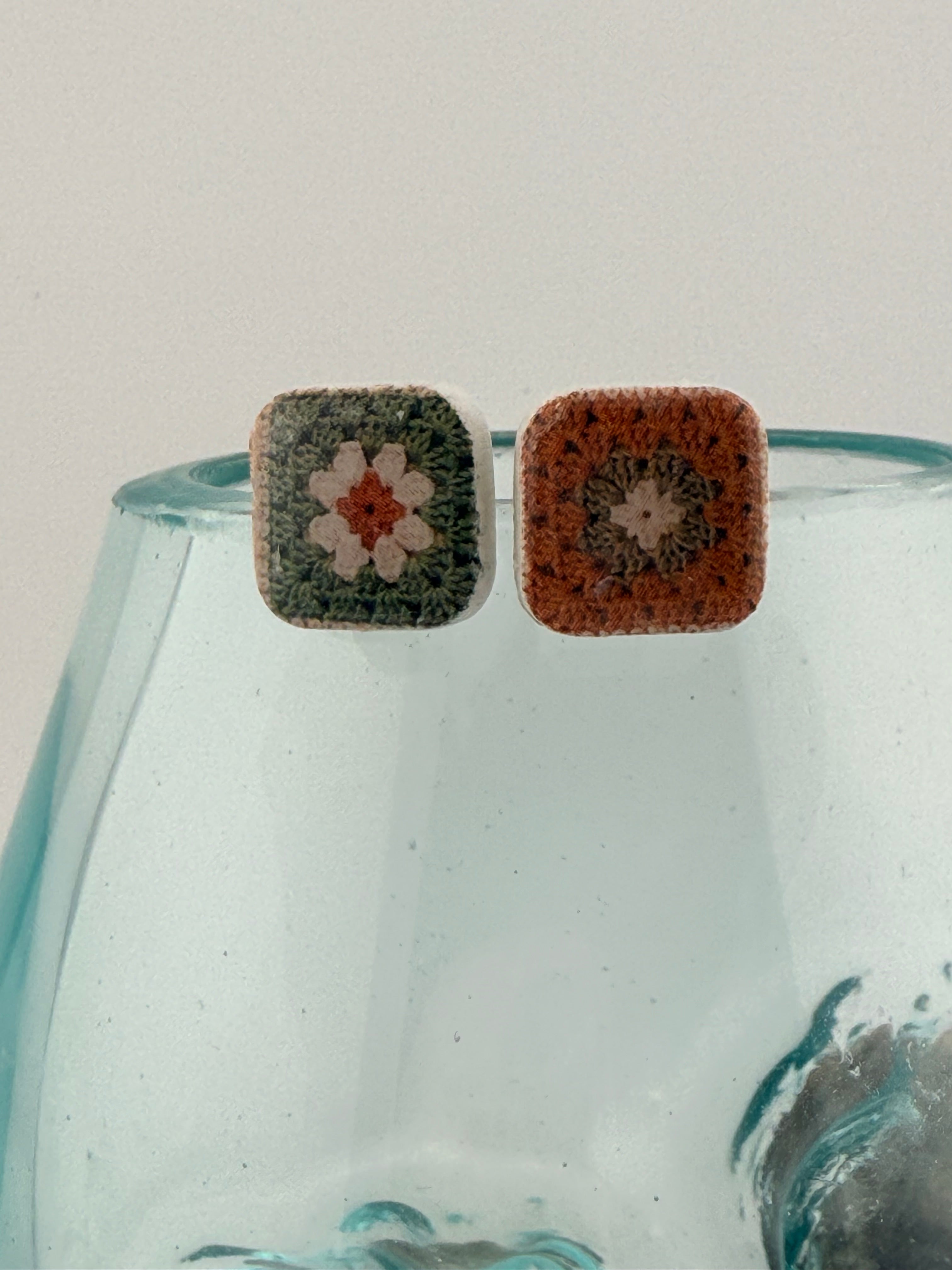Handmade Crochet Square Polymer Clay Stud Earrings