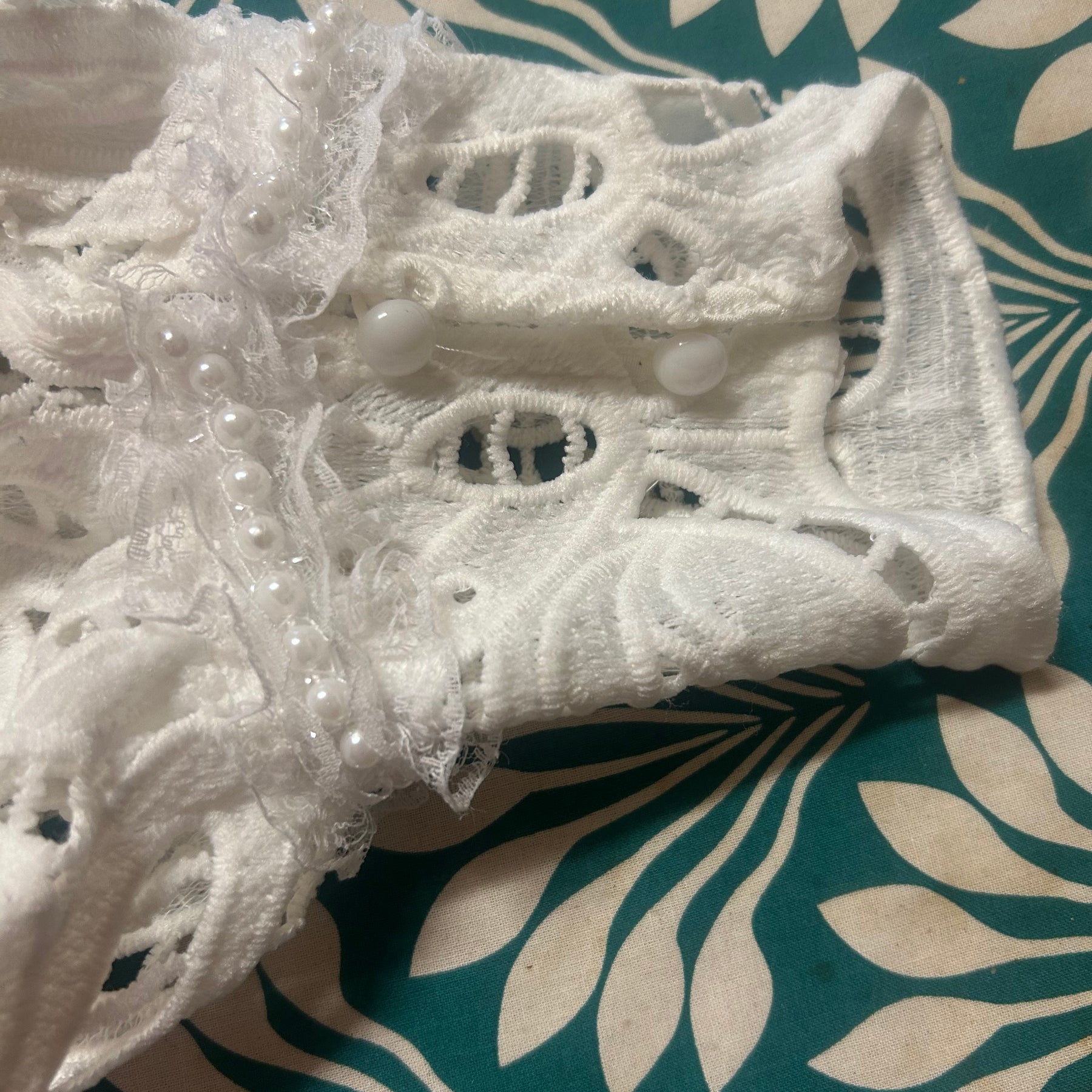 White lace bolero faux pearl and lace trim