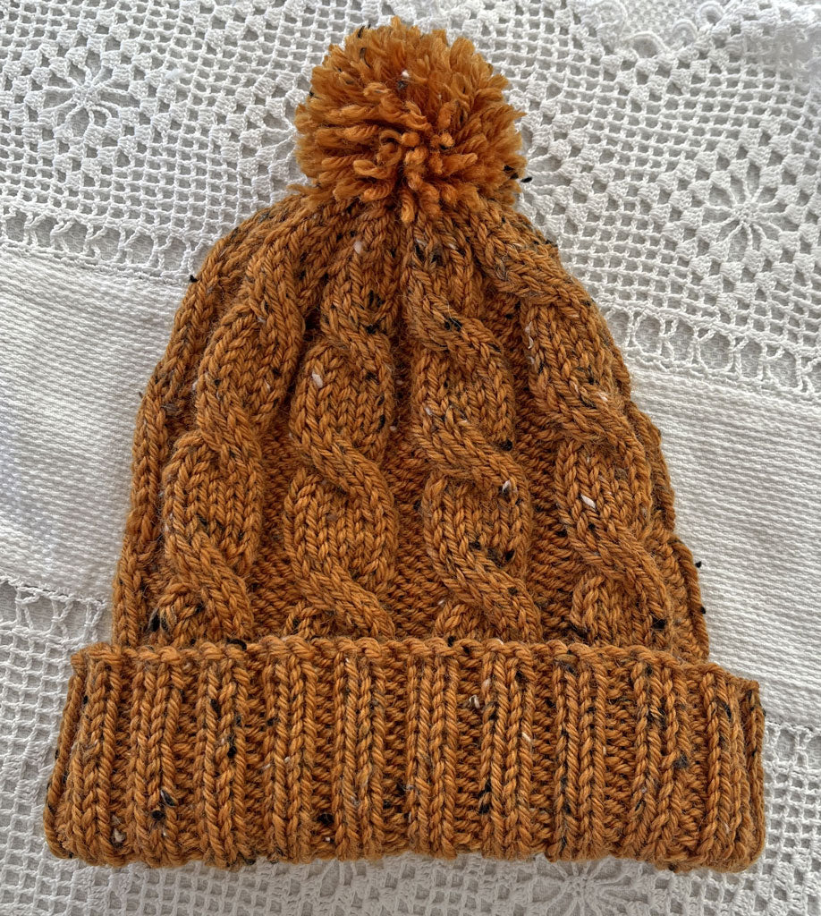 Kid's Beanie:  Handmade, cabled, tan flecked wool. Gorgeous.