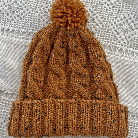 Kid's Beanie:  Handmade, cabled, tan flecked wool. Gorgeous.