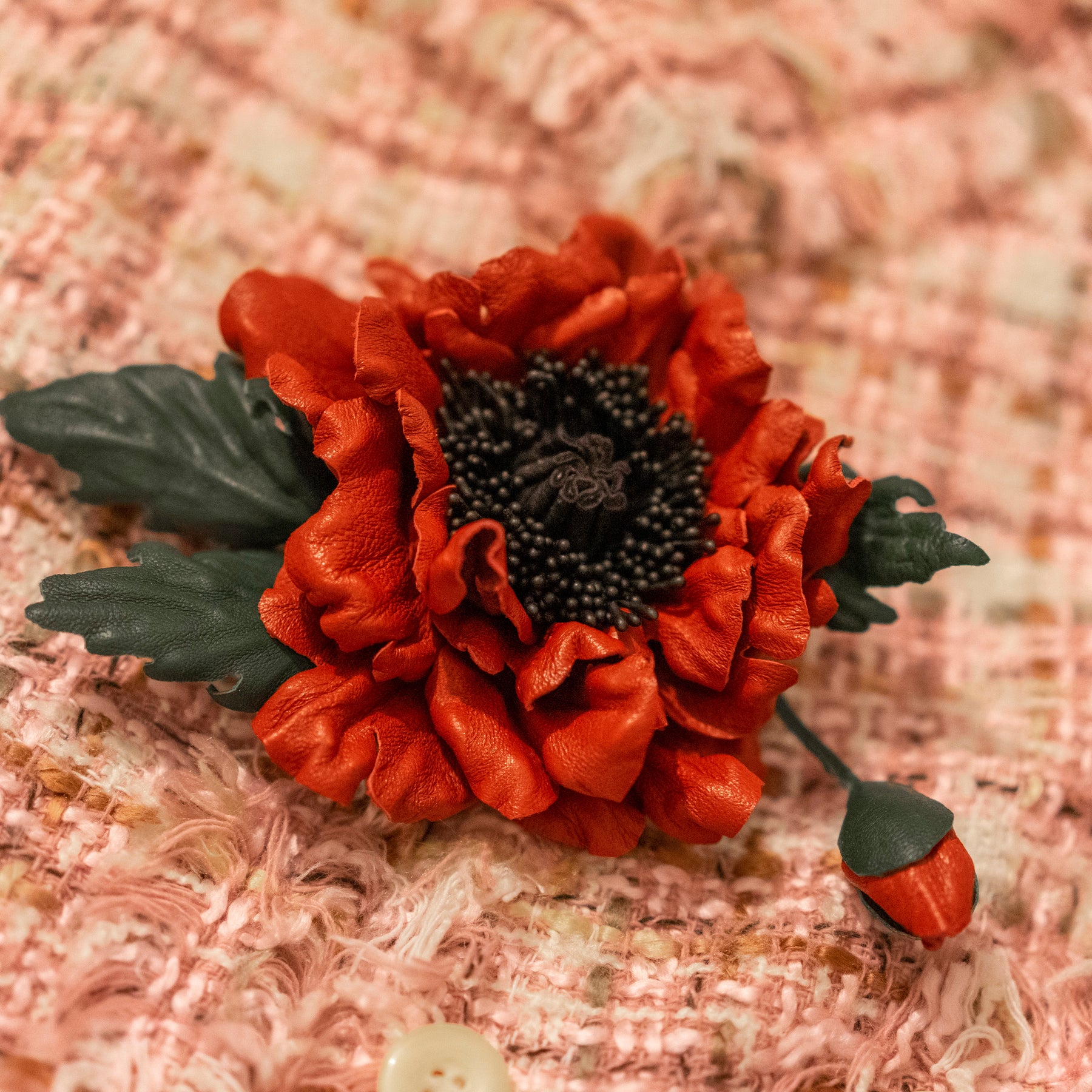Leather Poppy "Red Ember", Flower Brooch, Pin, Hair Hat Clip