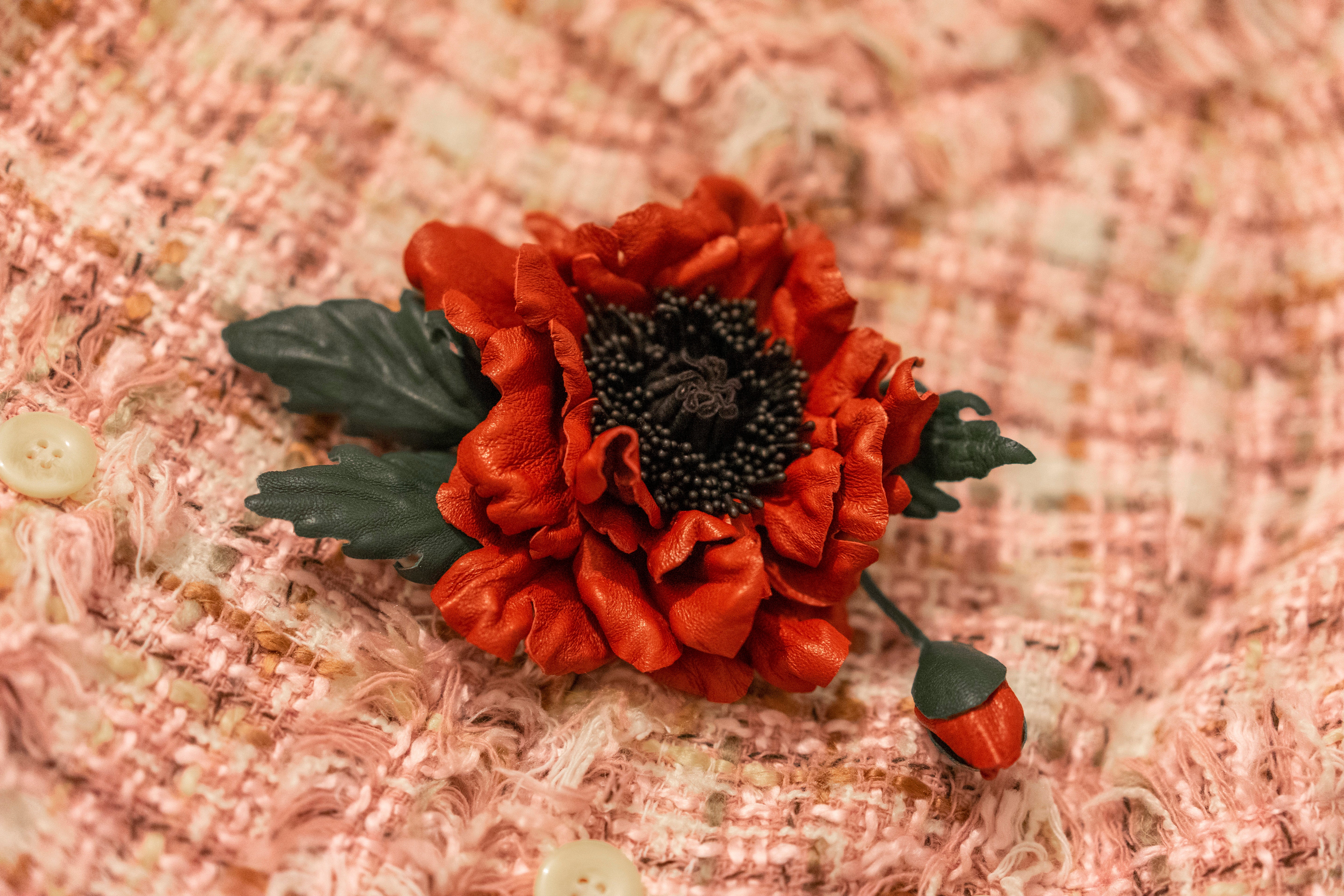 Leather Poppy "Red Ember", Flower Brooch, Pin, Hair Hat Clip