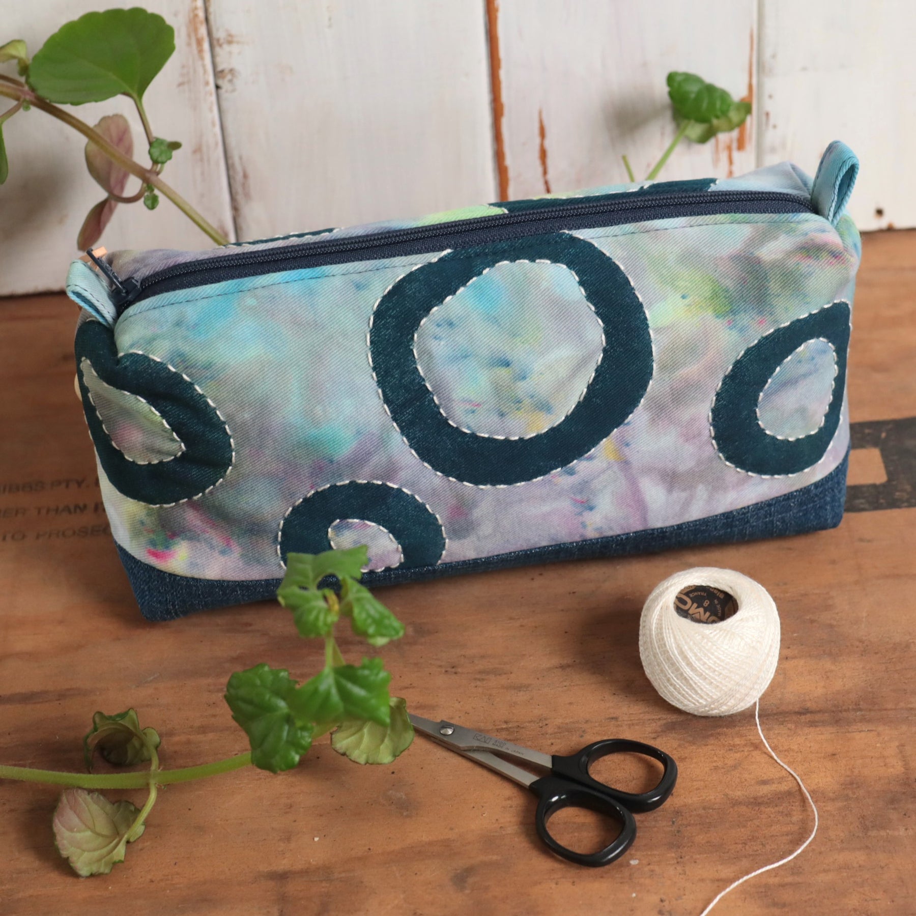 Ice Dyed and Block Printed Boxy Zipper Pouch, Pencil Case, Makeup Bag