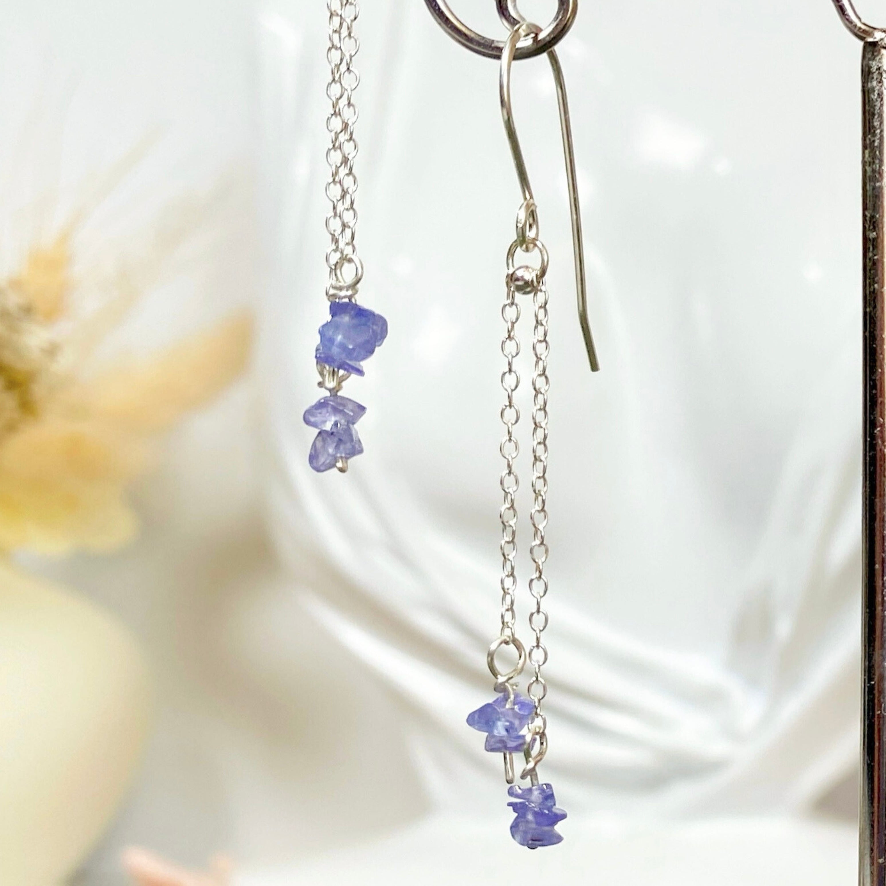 Natural tanzanite silver chain dangle earrings | Sterling silver | December birthstone