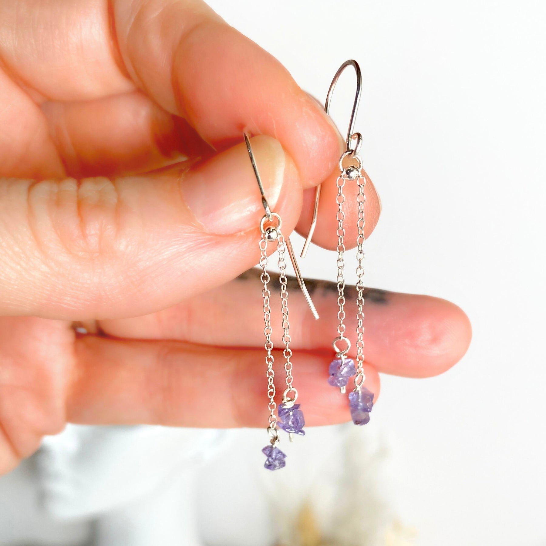 Natural tanzanite silver chain dangle earrings | Sterling silver | December birthstone