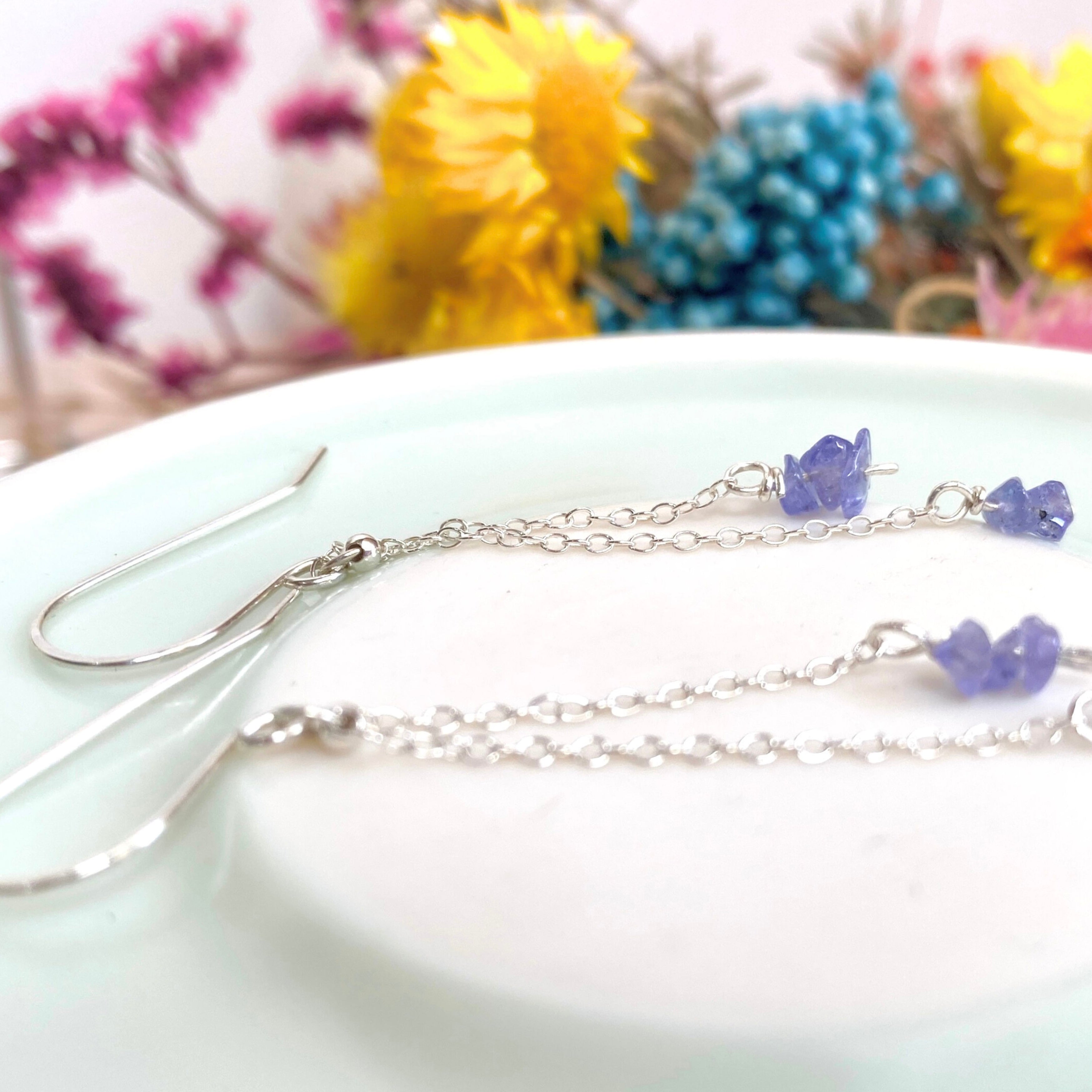 Natural tanzanite silver chain dangle earrings | Sterling silver | December birthstone