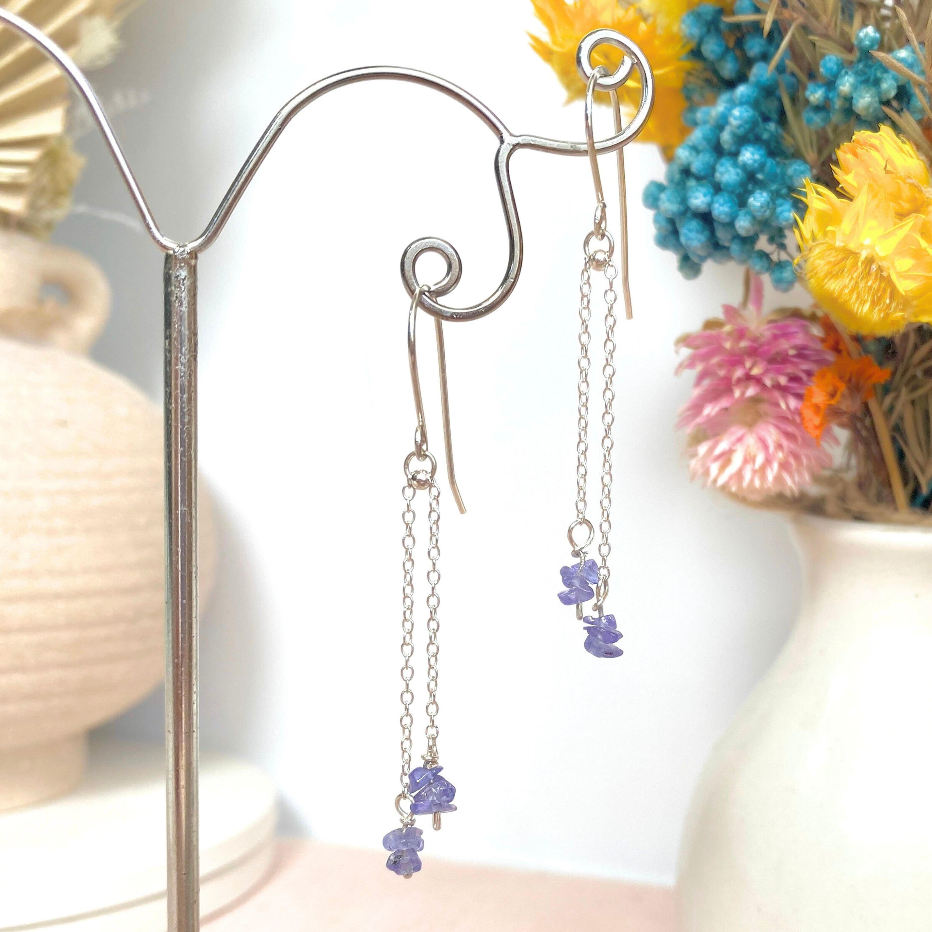 Natural tanzanite silver chain dangle earrings | Sterling silver | December birthstone