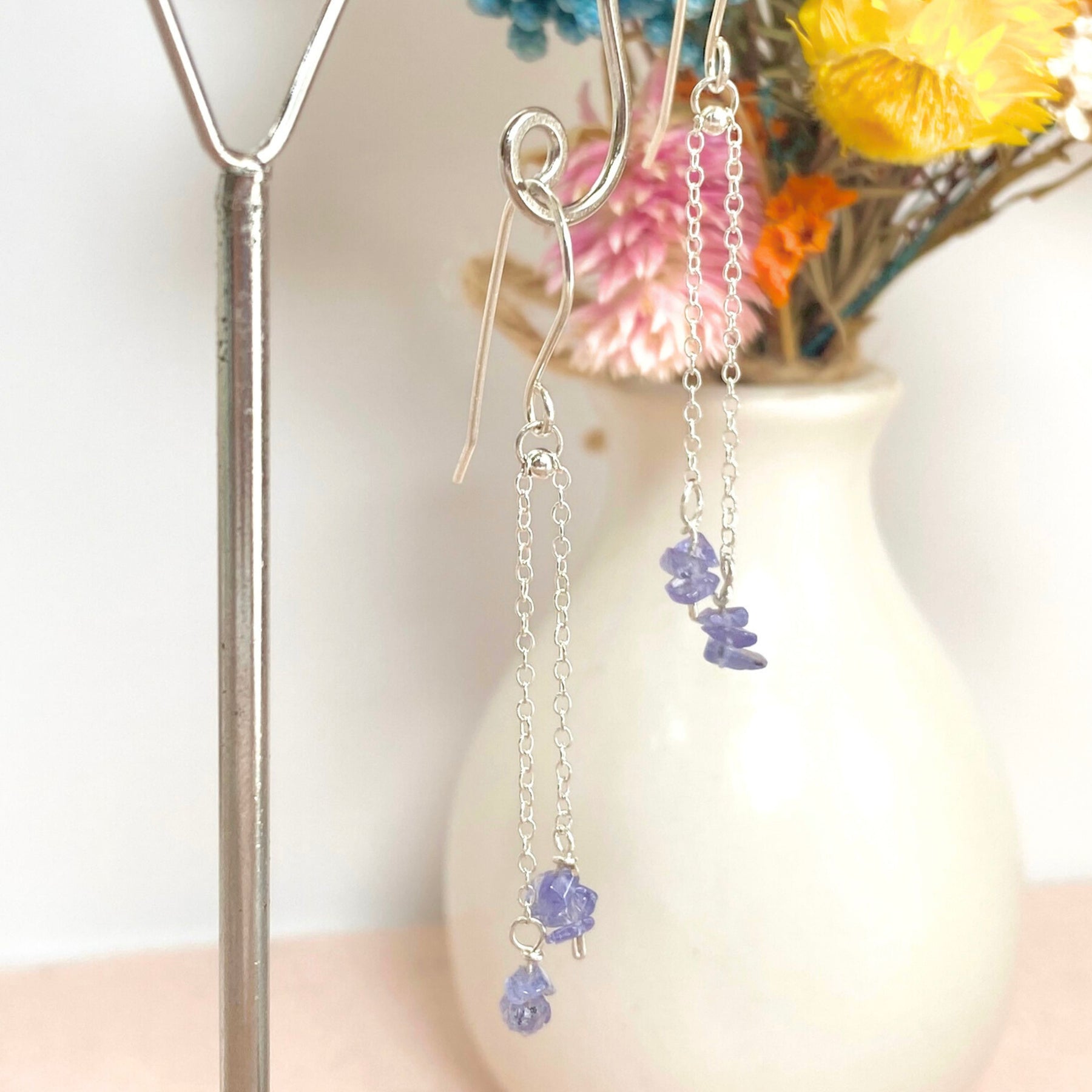 Natural tanzanite silver chain dangle earrings | Sterling silver | December birthstone